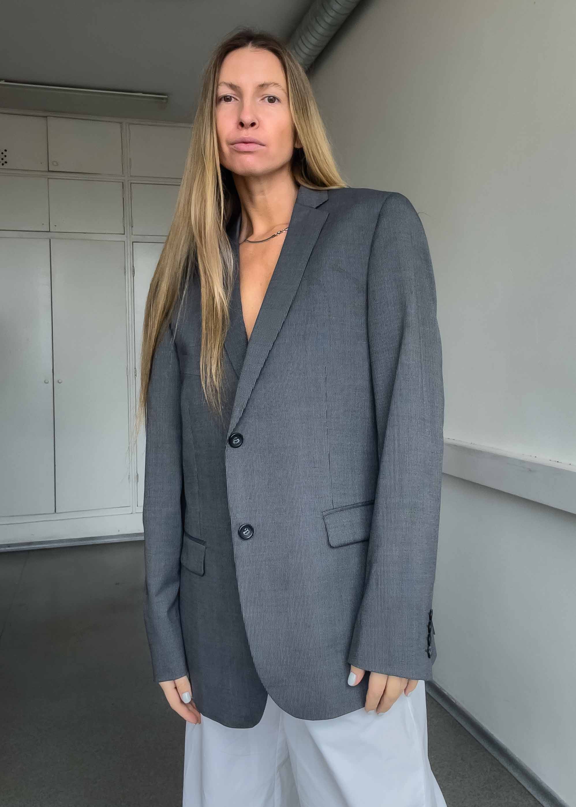 Vintage Grey Striped Oversized Blazer