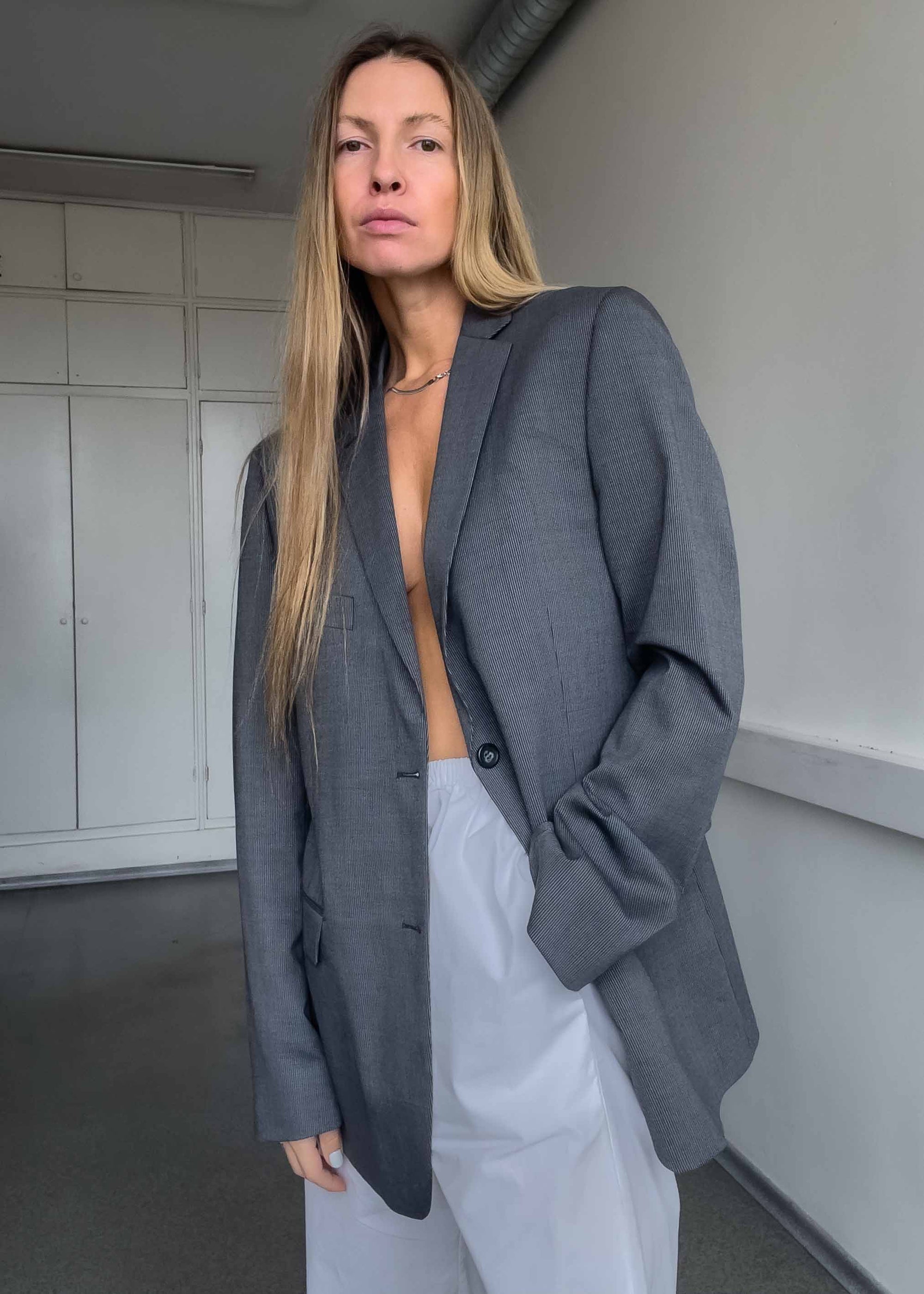 Vintage Grey Striped Oversized Blazer
