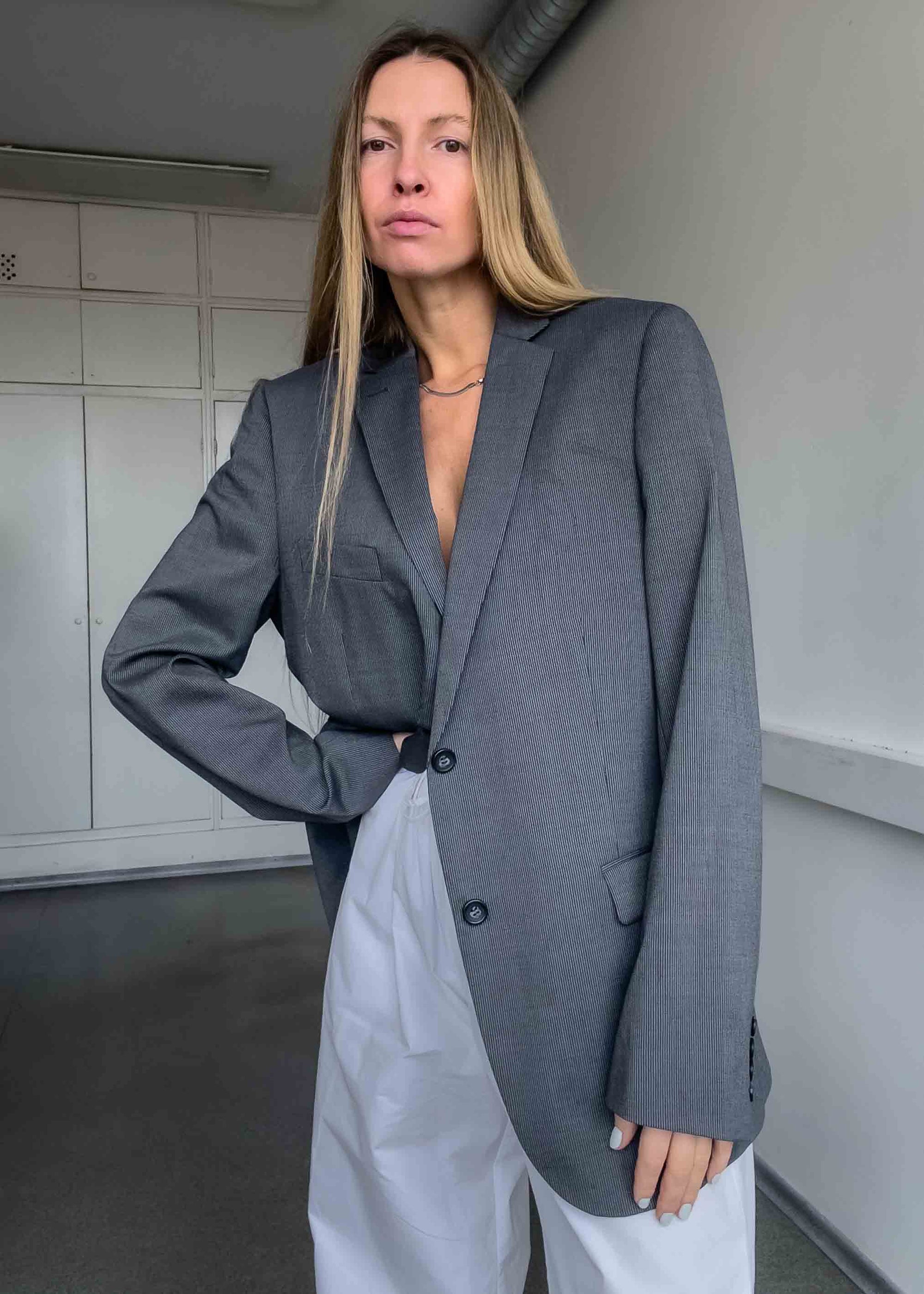 Vintage Grey Striped Oversized Blazer