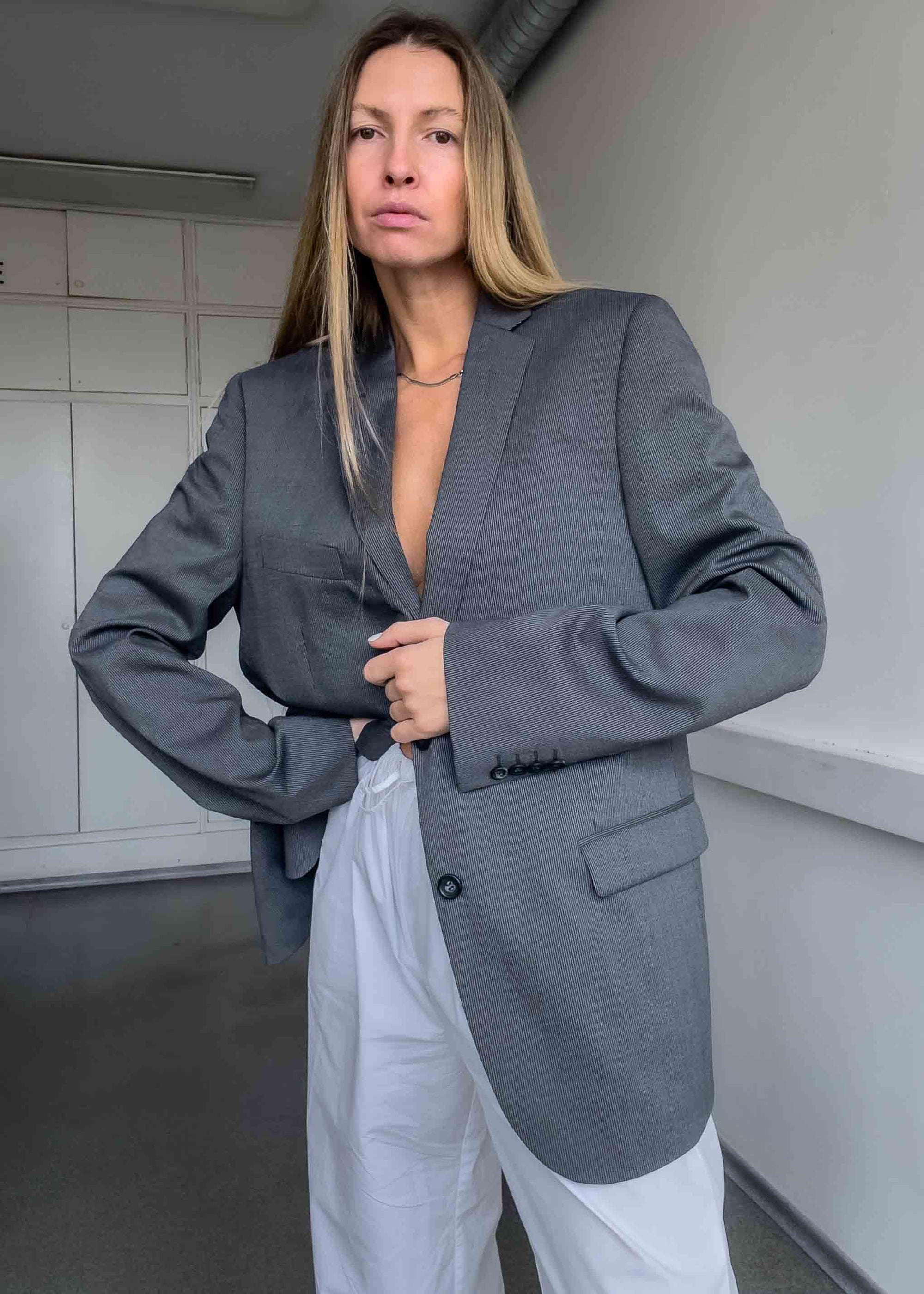Vintage Grey Striped Oversized Blazer