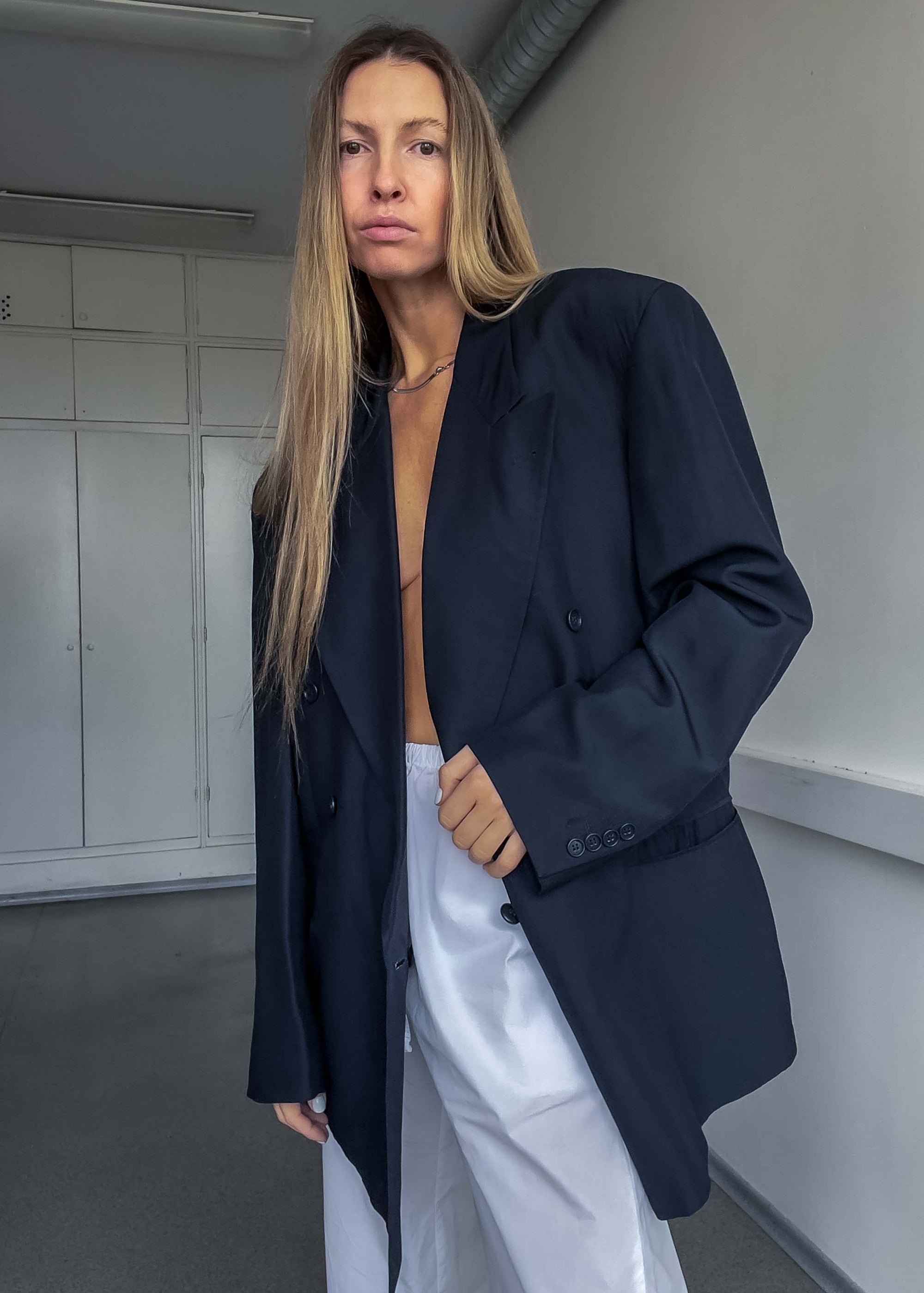 Vintage HUGO BOSS Blue Oversized Silk Double Breasted Blazer