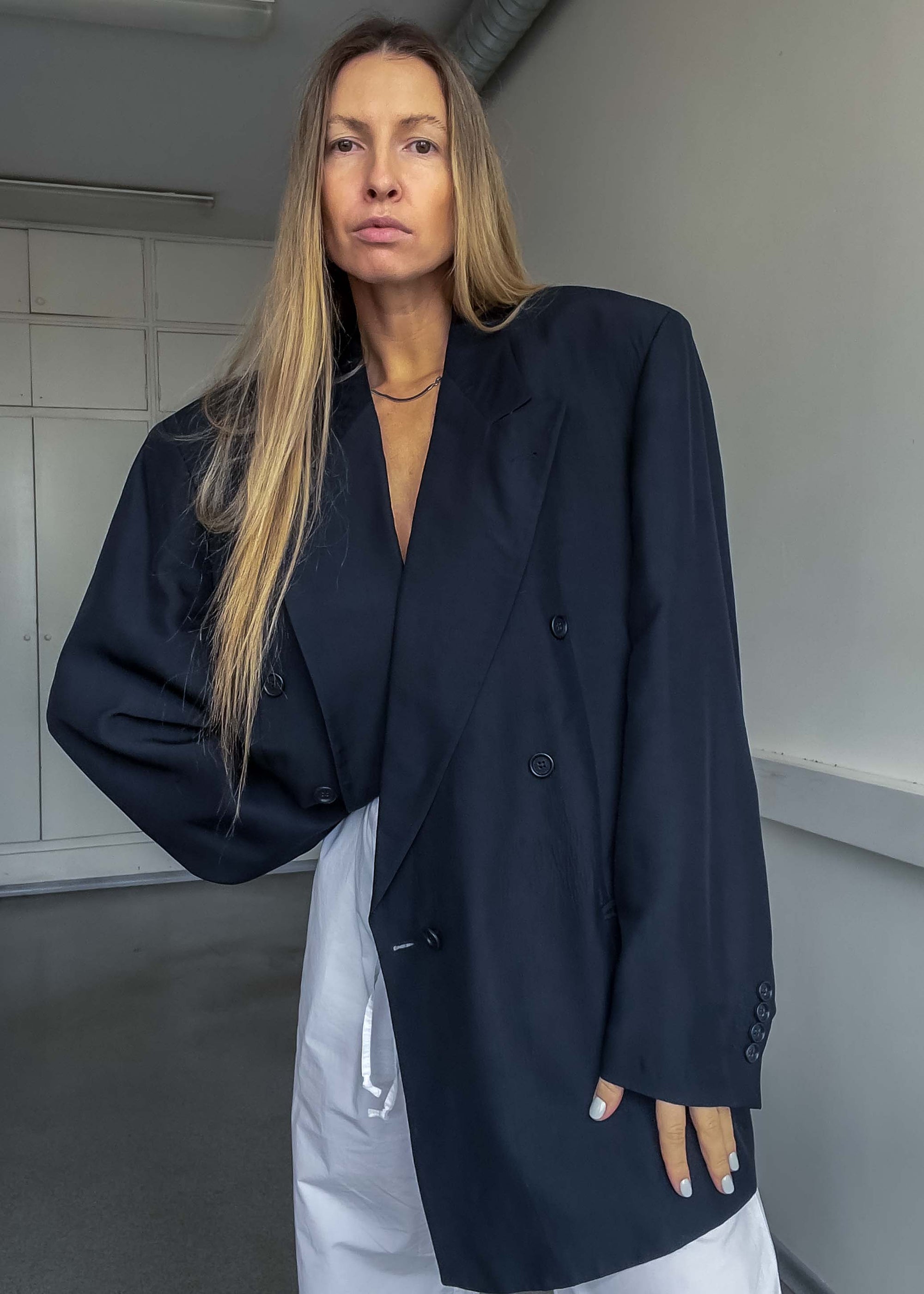 Vintage HUGO BOSS Blue Oversized Silk Double Breasted Blazer