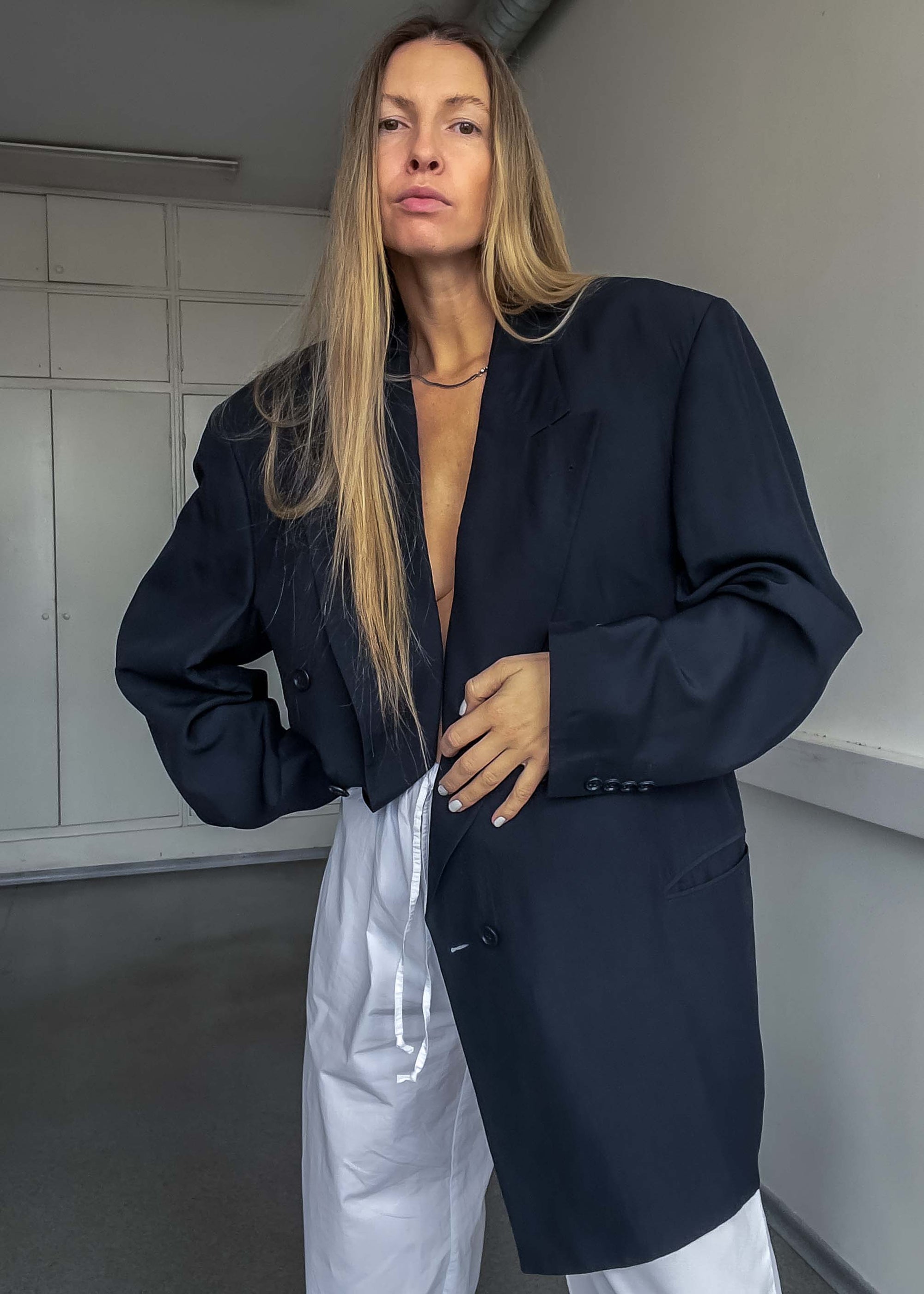 Vintage HUGO BOSS Blue Oversized Silk Double Breasted Blazer