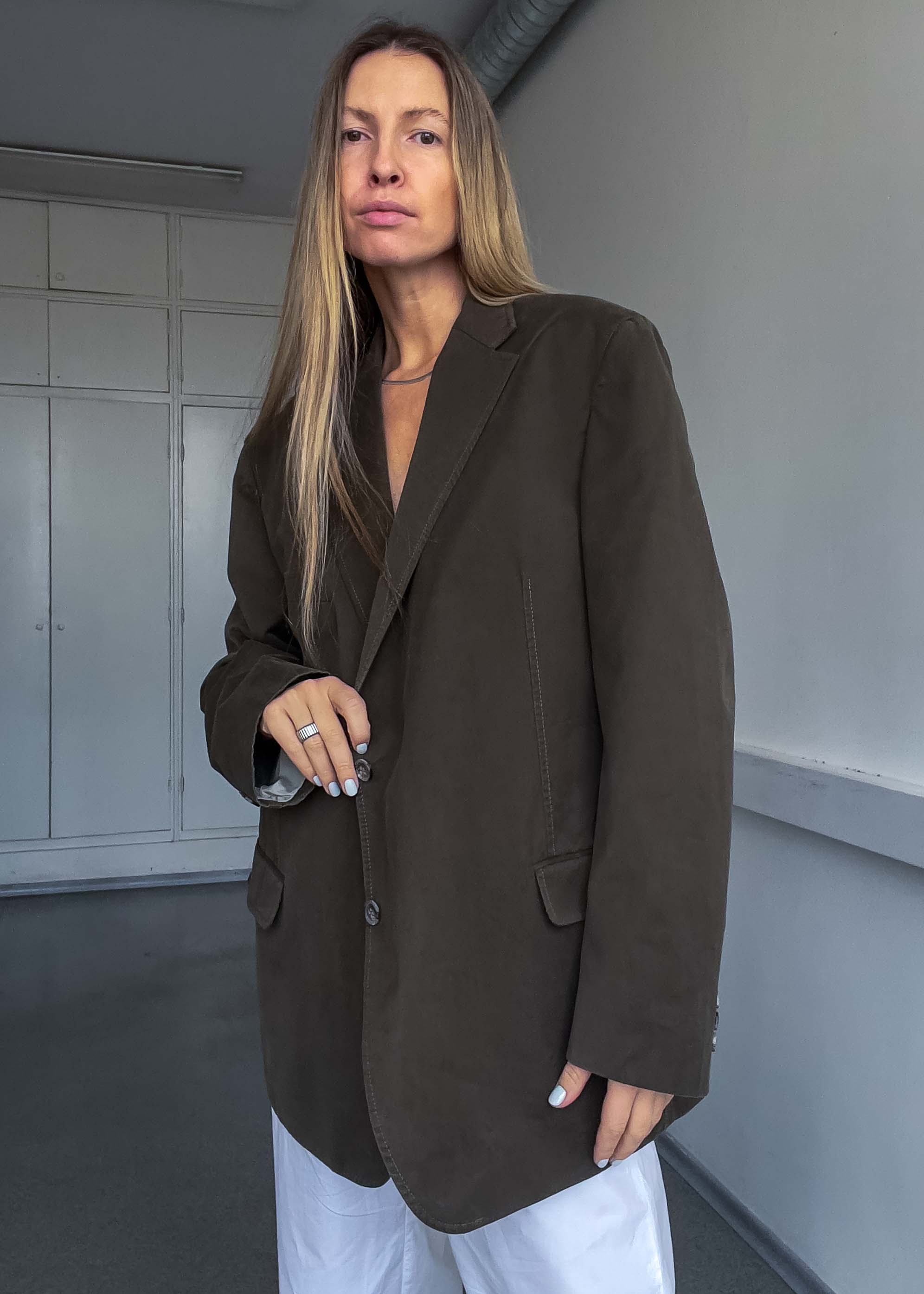 Vintage Khaki Green Oversized Cotton Blazer