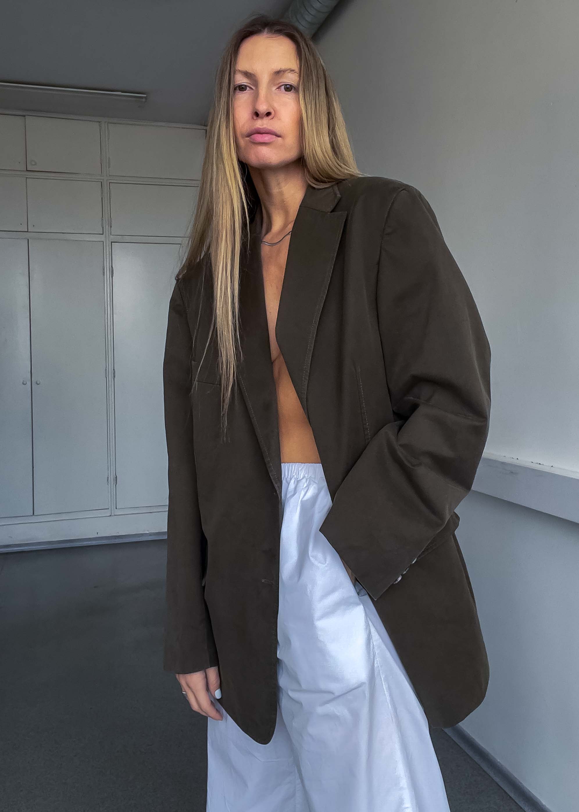 Vintage Khaki Green Oversized Cotton Blazer
