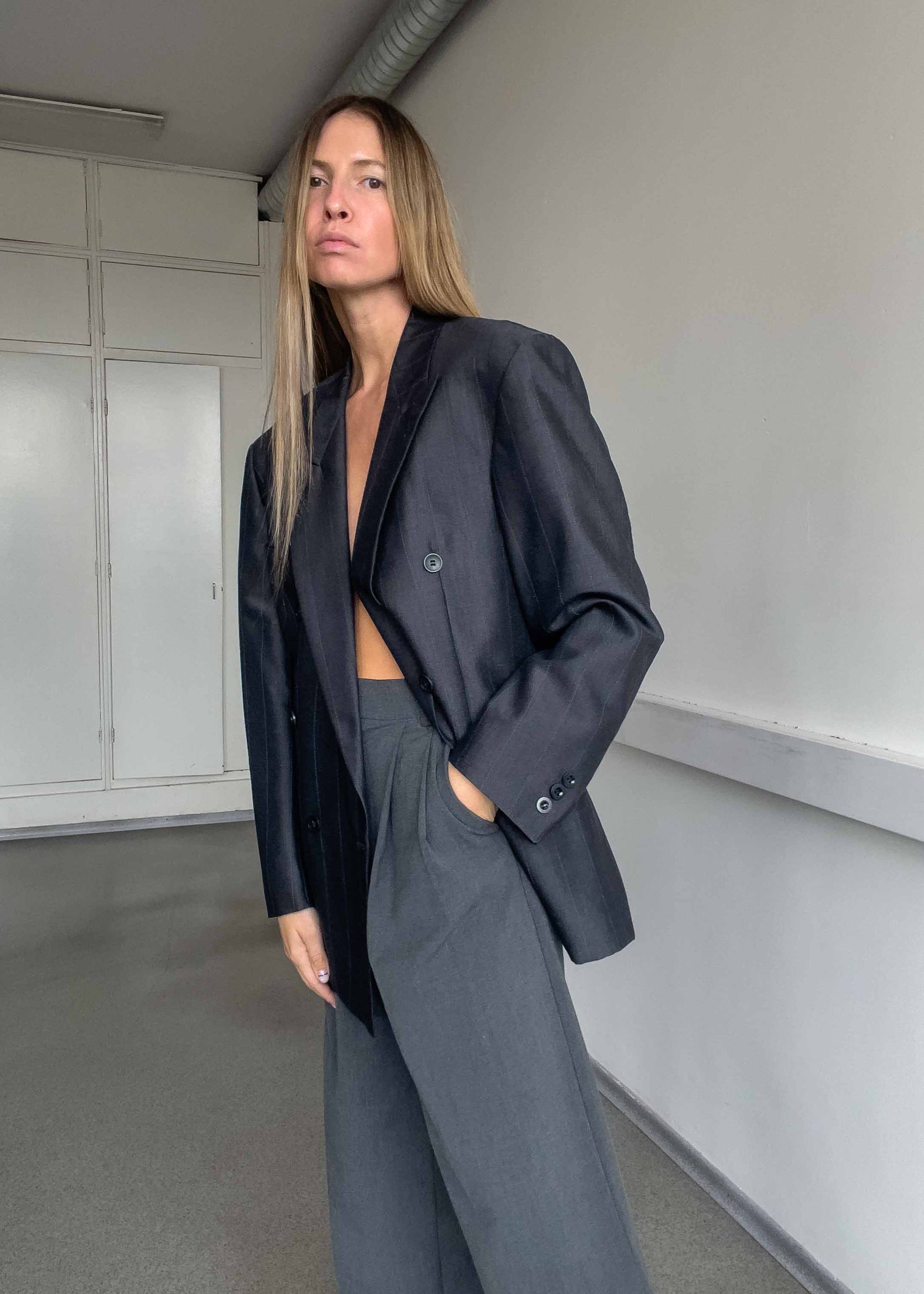 Vintage Grey Oversized Double Breasted Blazer