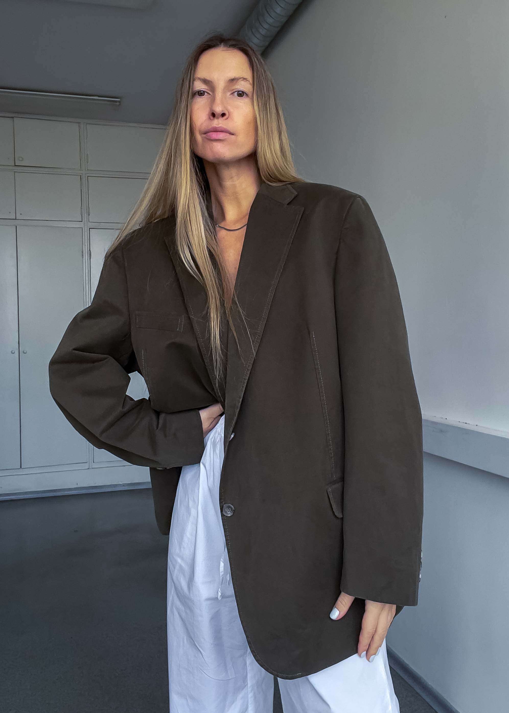 Vintage Khaki Green Oversized Cotton Blazer