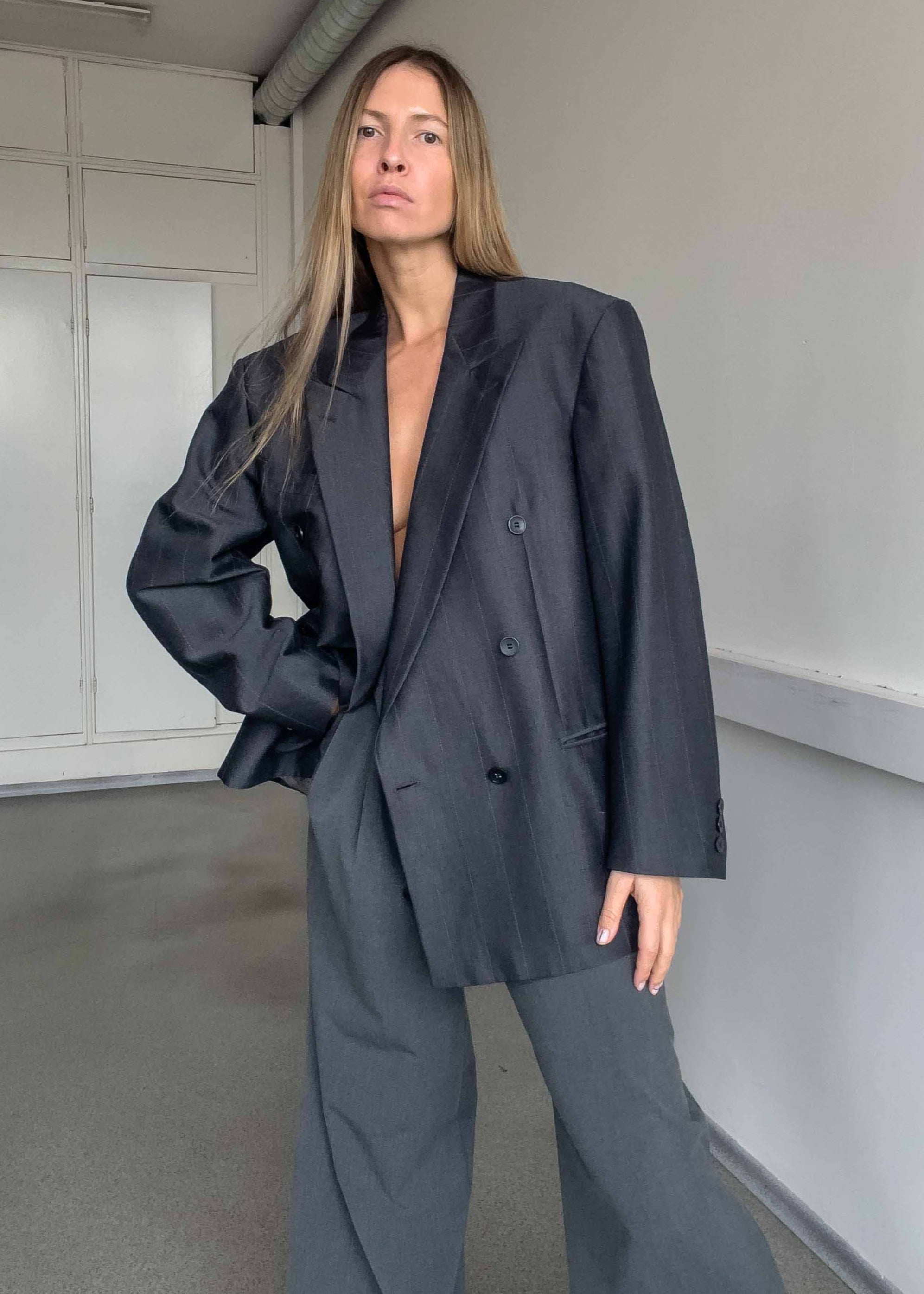 Vintage Grey Oversized Double Breasted Blazer