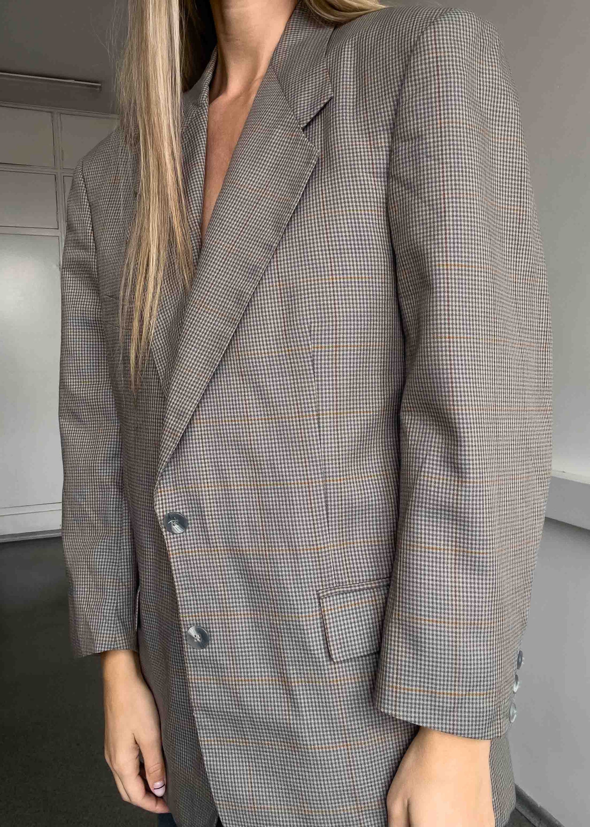 Vintage Grey Checked Oversized Blazer