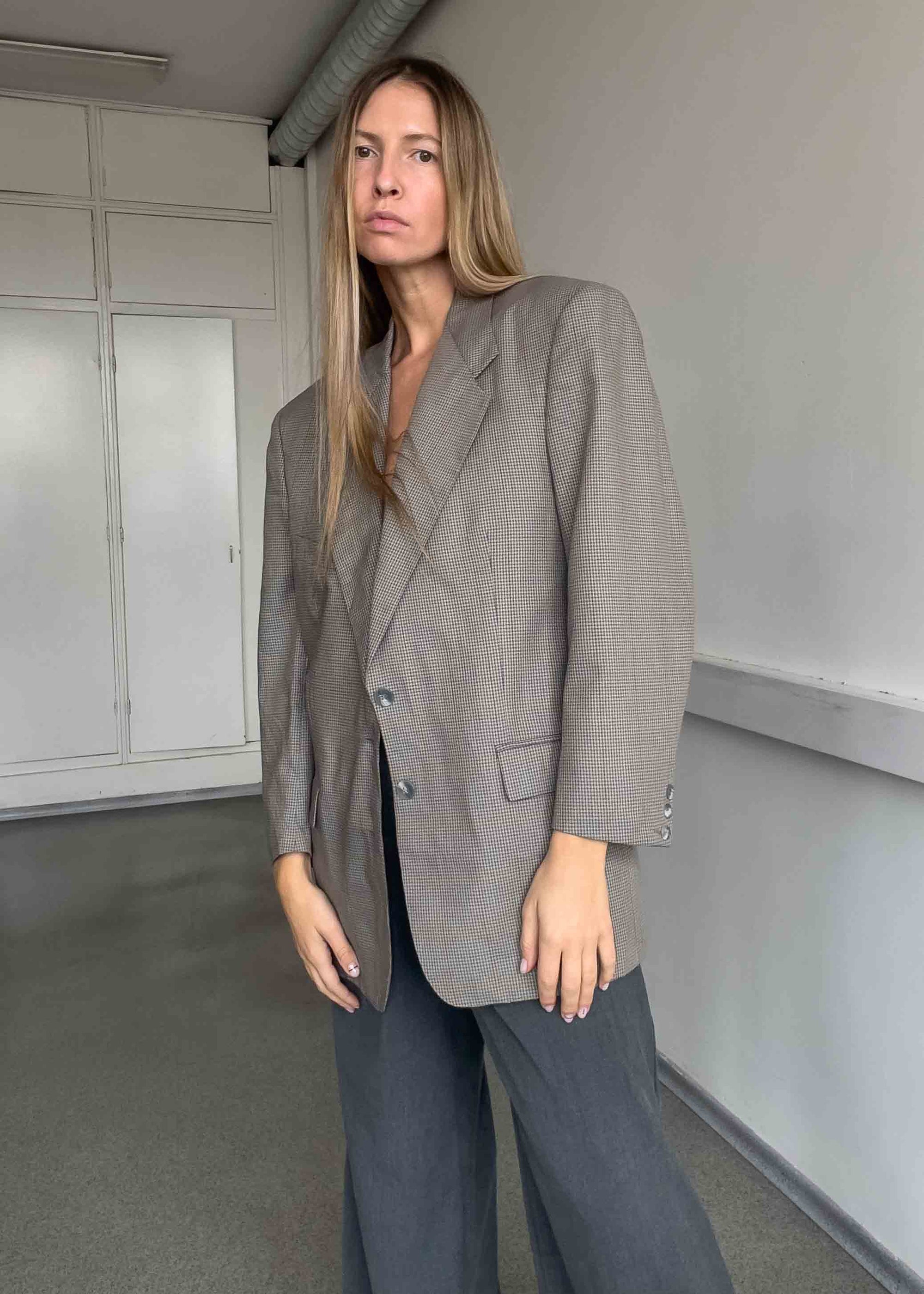 Vintage Grey Checked Oversized Blazer