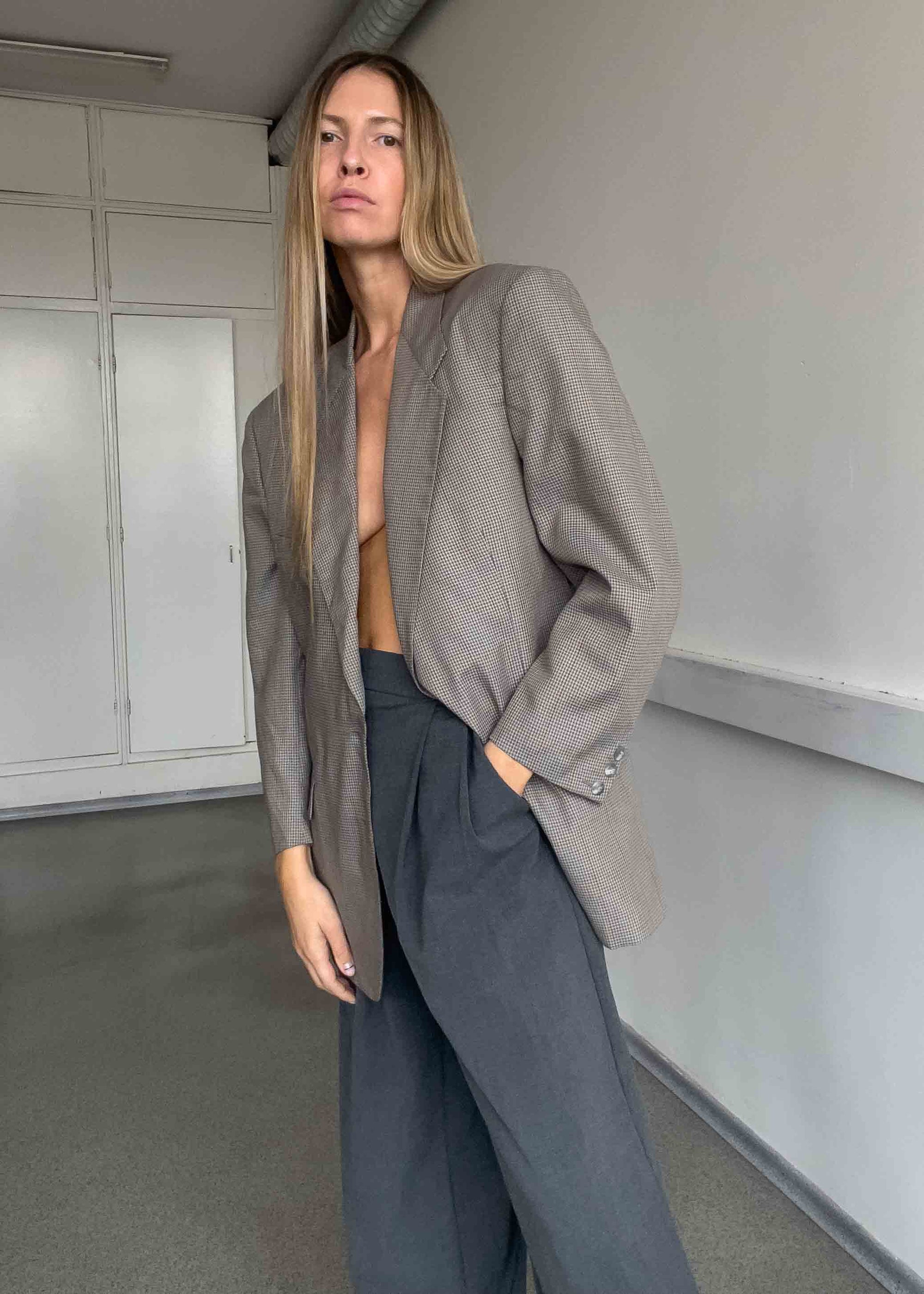Vintage Grey Checked Oversized Blazer
