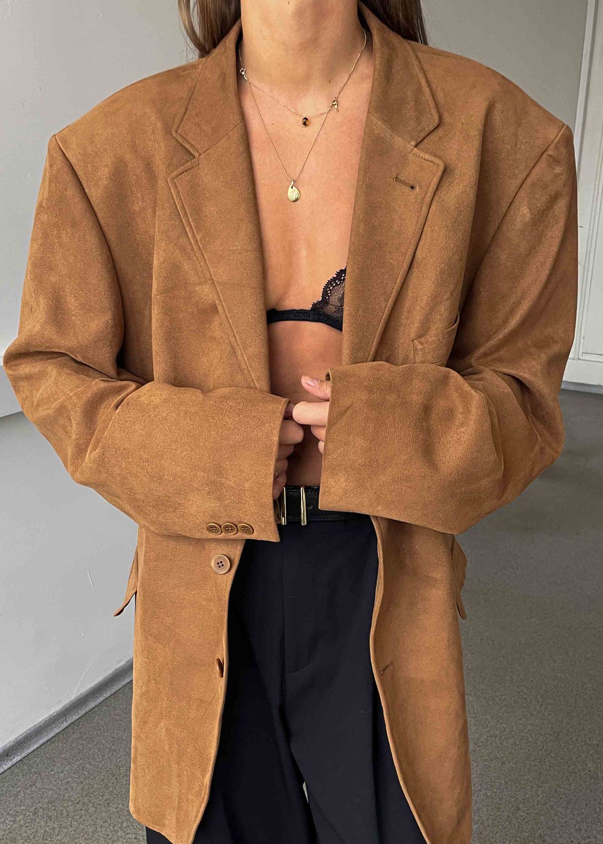 Vintage Brown Faux Suede Oversized Blazer