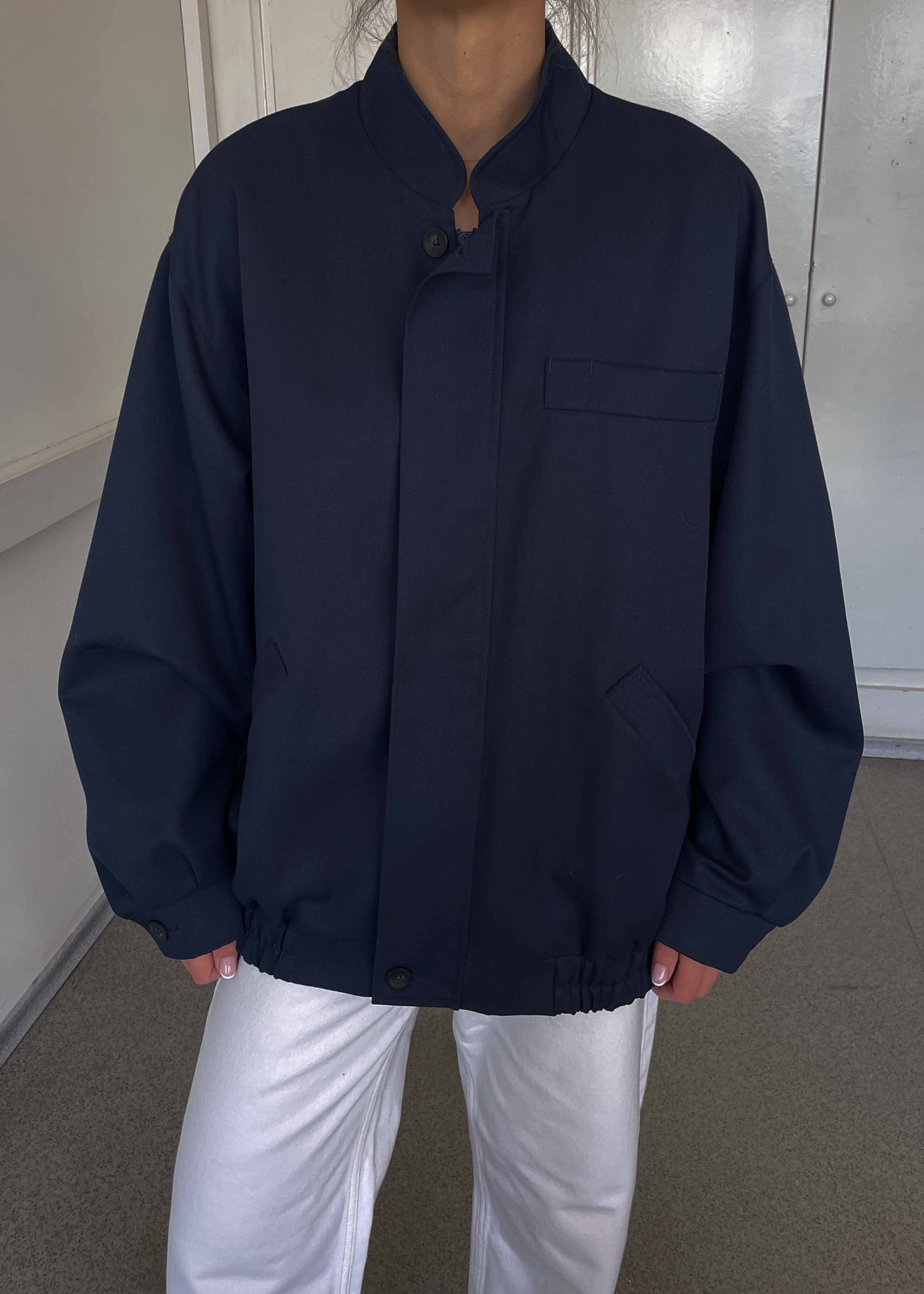 Vintage Navy Blue Wool Bomber Jacket – Zip & Buttons