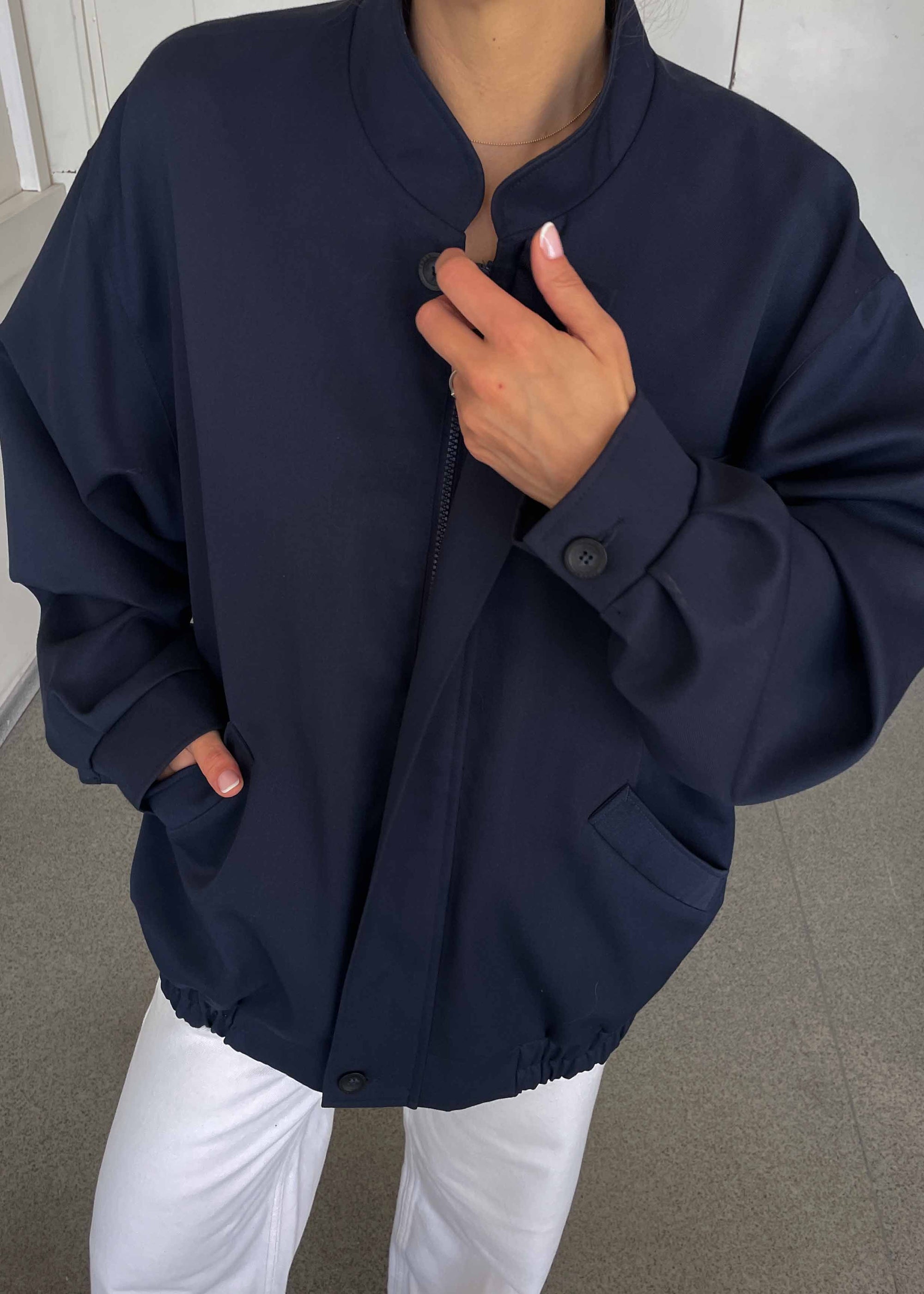Vintage Navy Blue Wool Bomber Jacket – Zip & Buttons