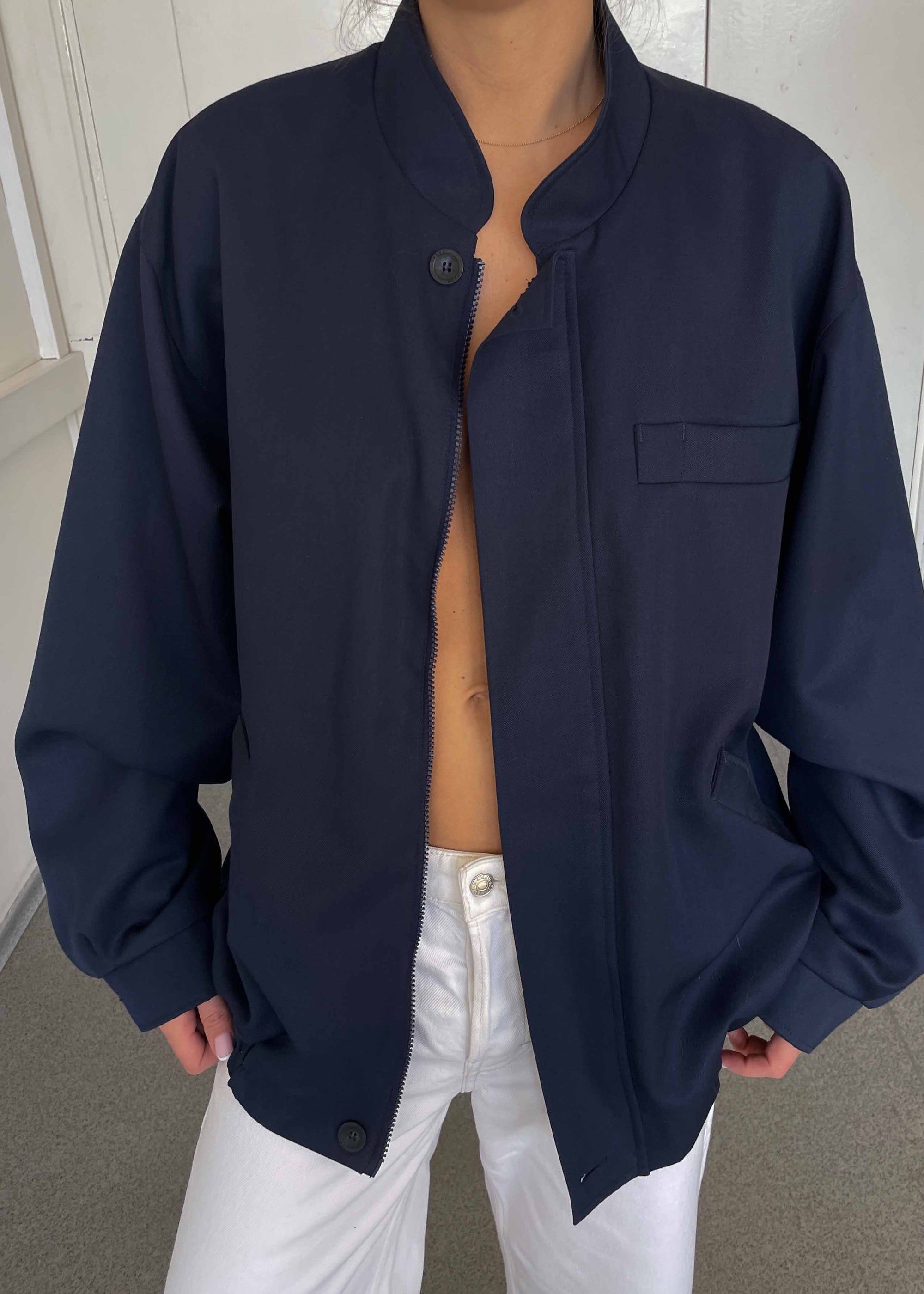 Vintage Navy Blue Wool Bomber Jacket – Zip & Buttons