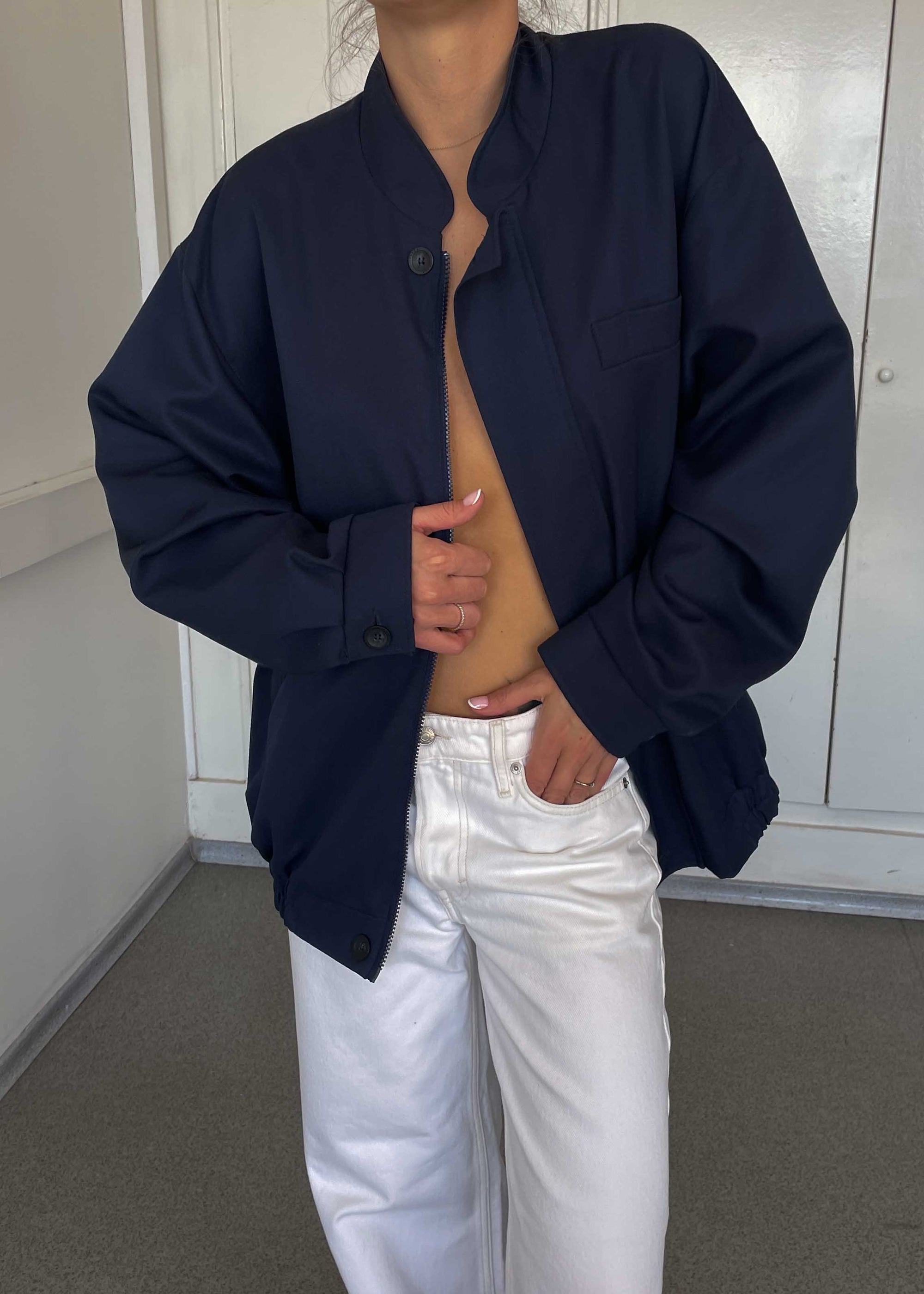 Vintage Navy Blue Wool Bomber Jacket – Zip & Buttons