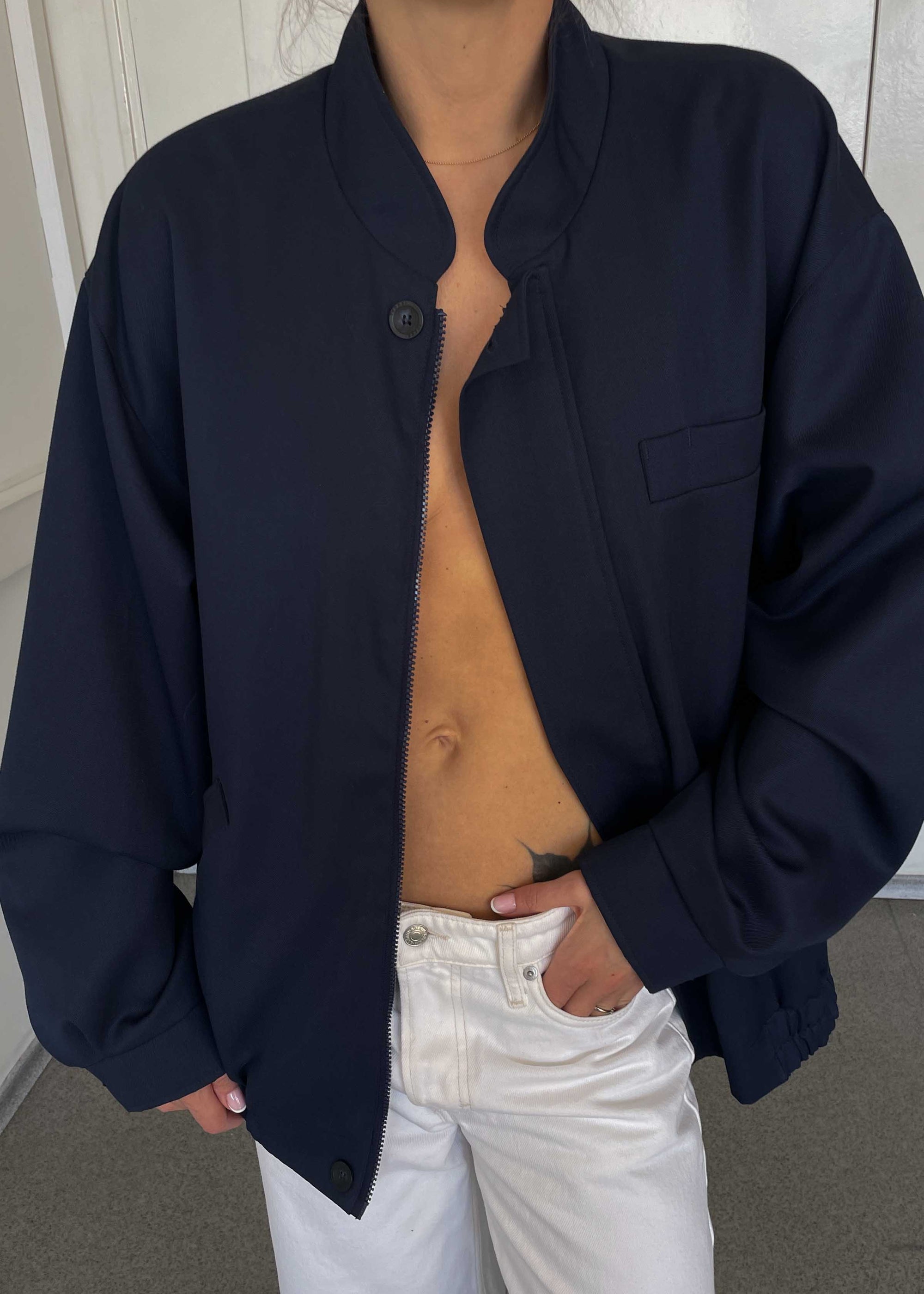Vintage Navy Blue Wool Bomber Jacket – Zip & Buttons
