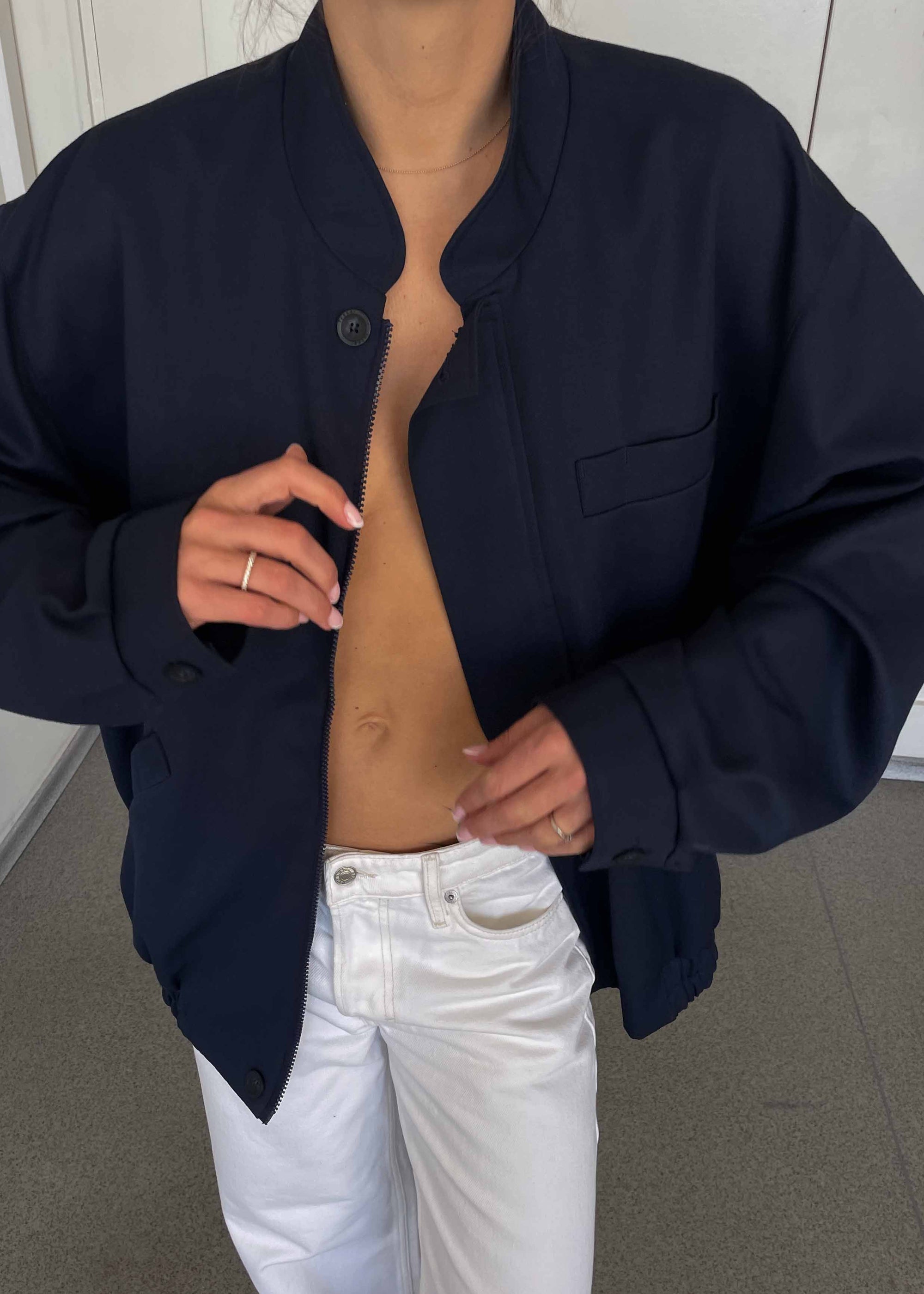 Vintage Navy Blue Wool Bomber Jacket – Zip & Buttons