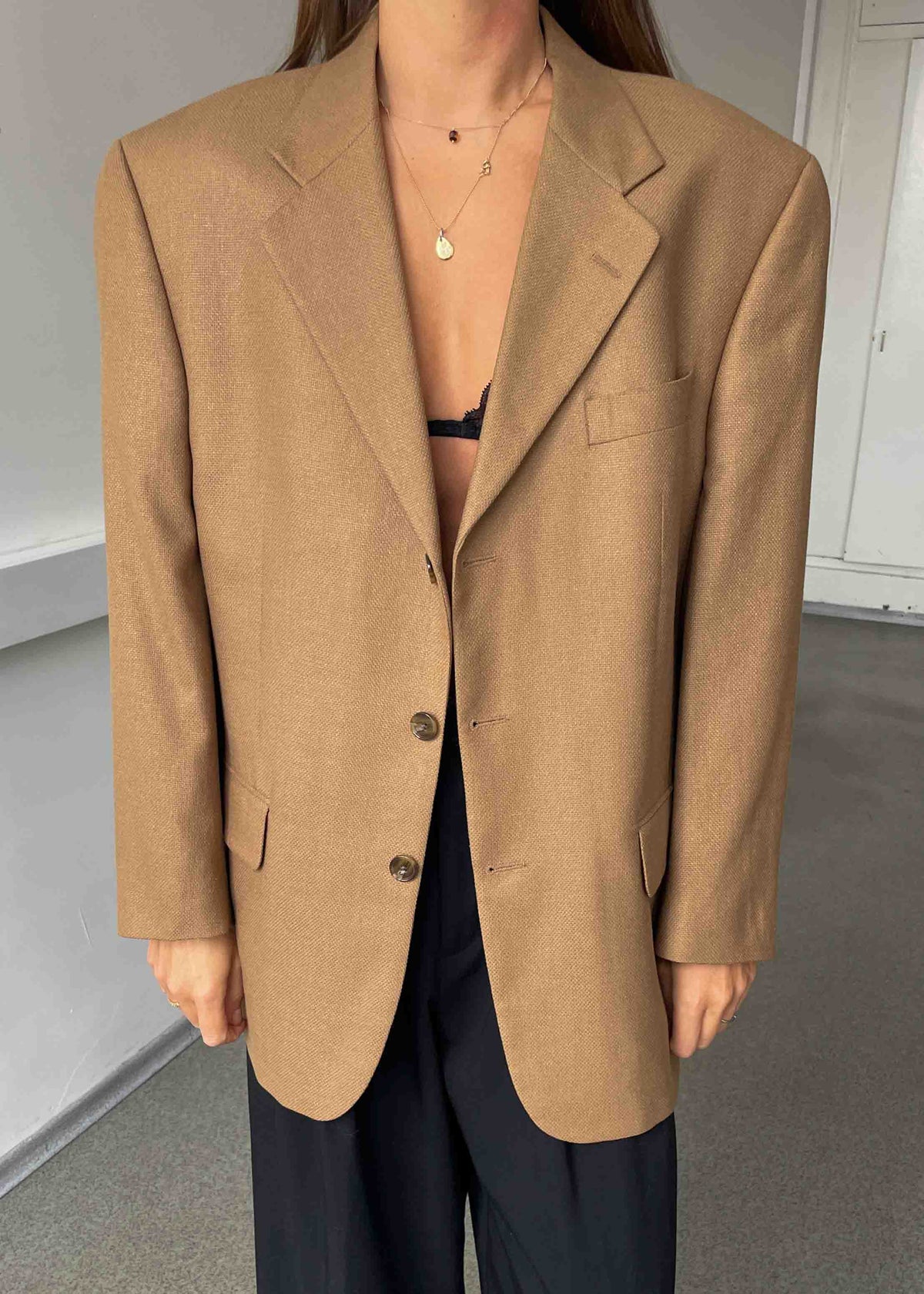 Vintage Light Brown Patterned Oversized Wool & Silk Blazer
