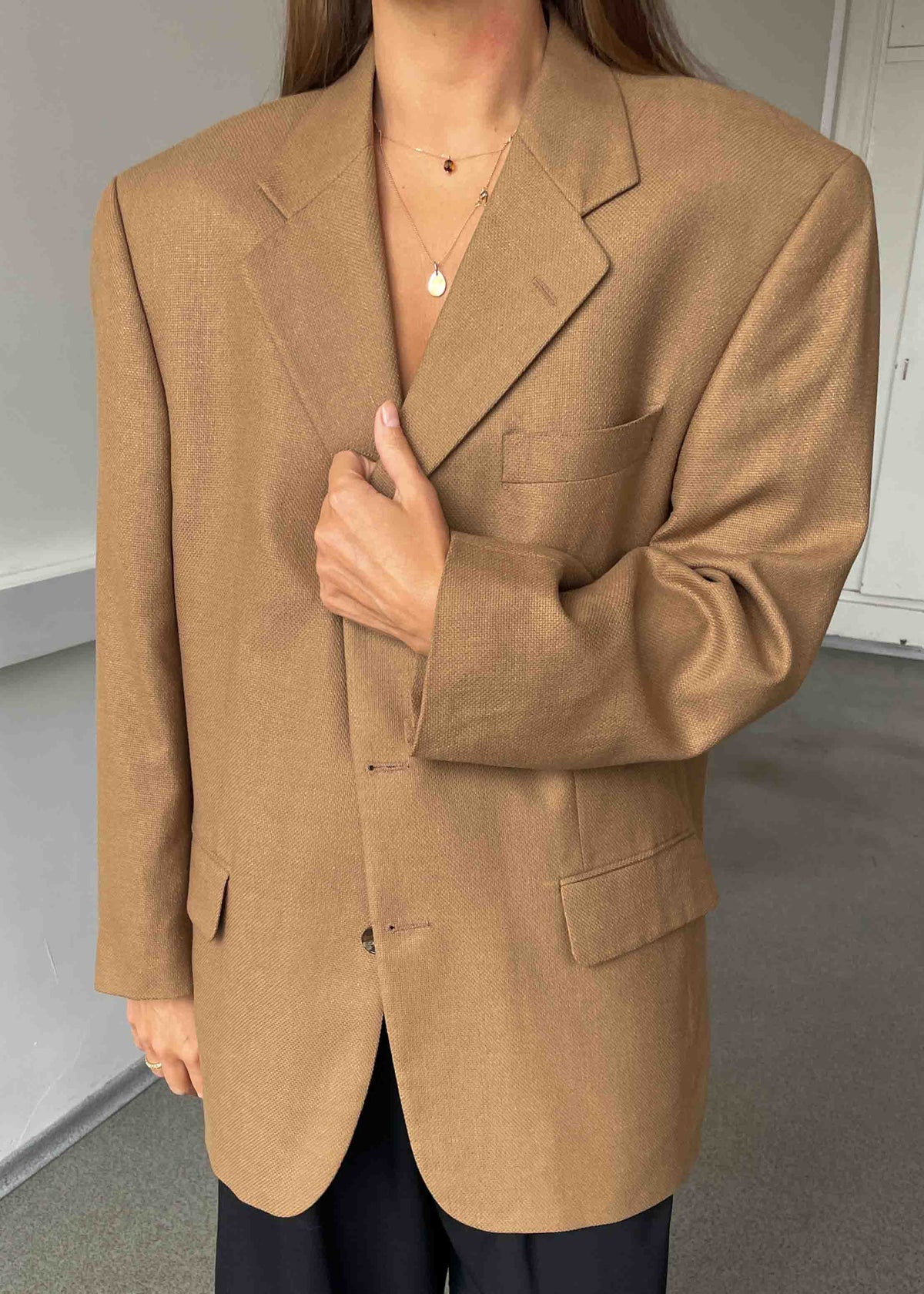 Vintage Light Brown Patterned Oversized Wool & Silk Blazer