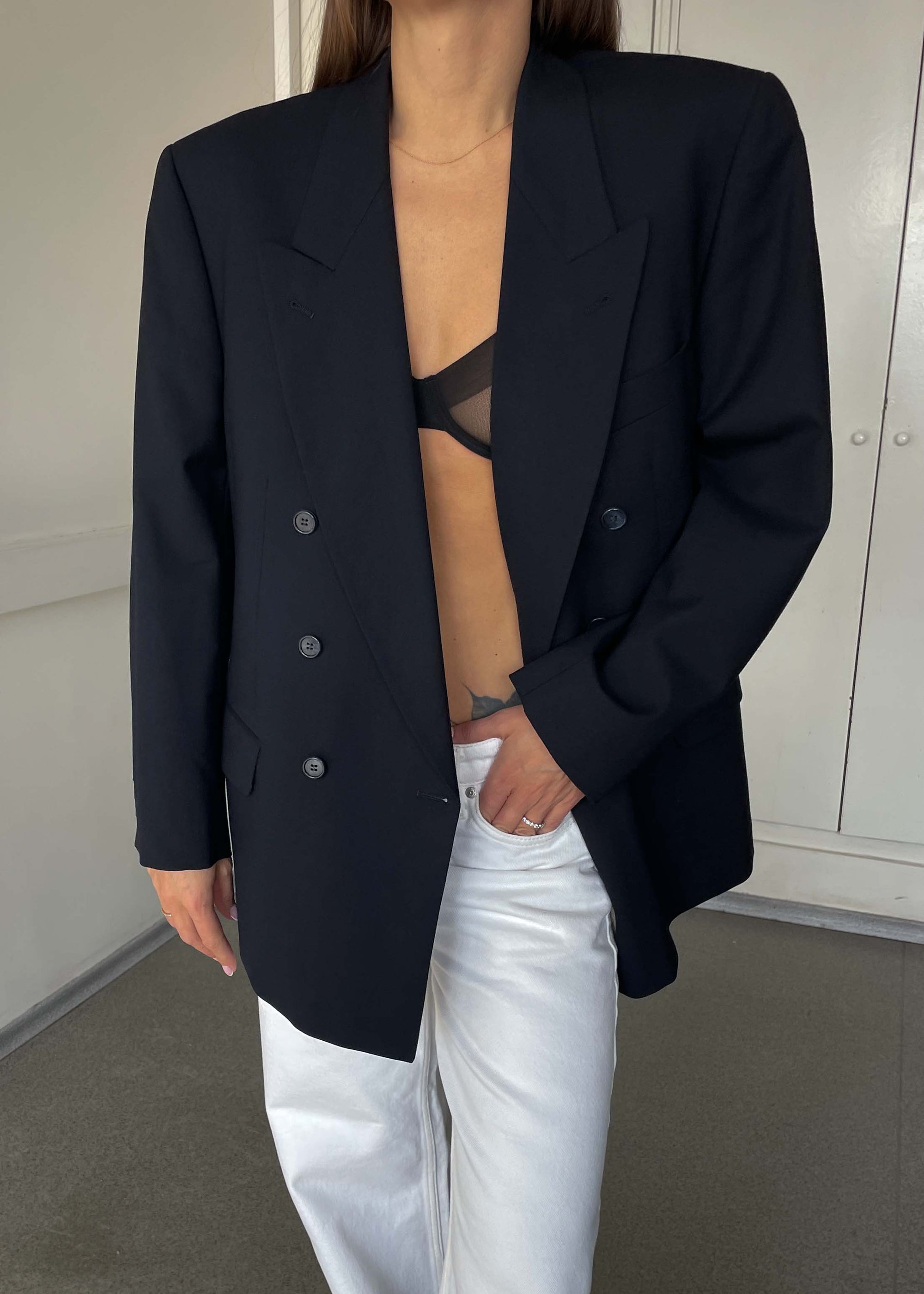 Vintage Navy Blue Oversized Double Breasted Blazer