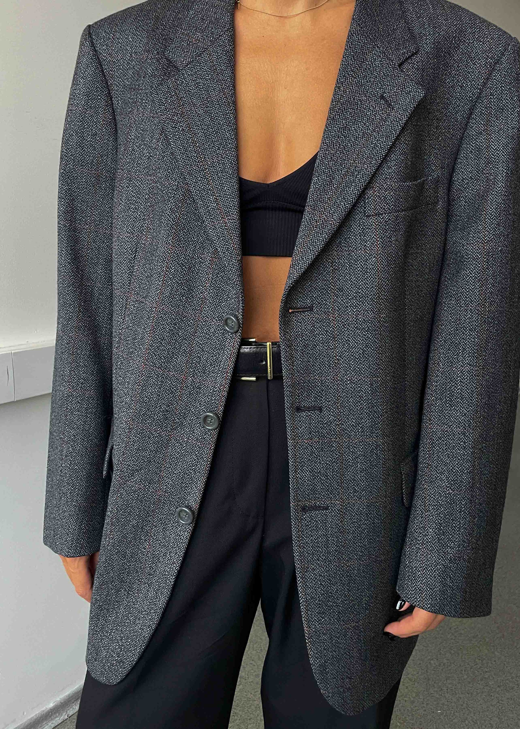 Vintage Grey Patterned Oversized 100% WOOL Blazer