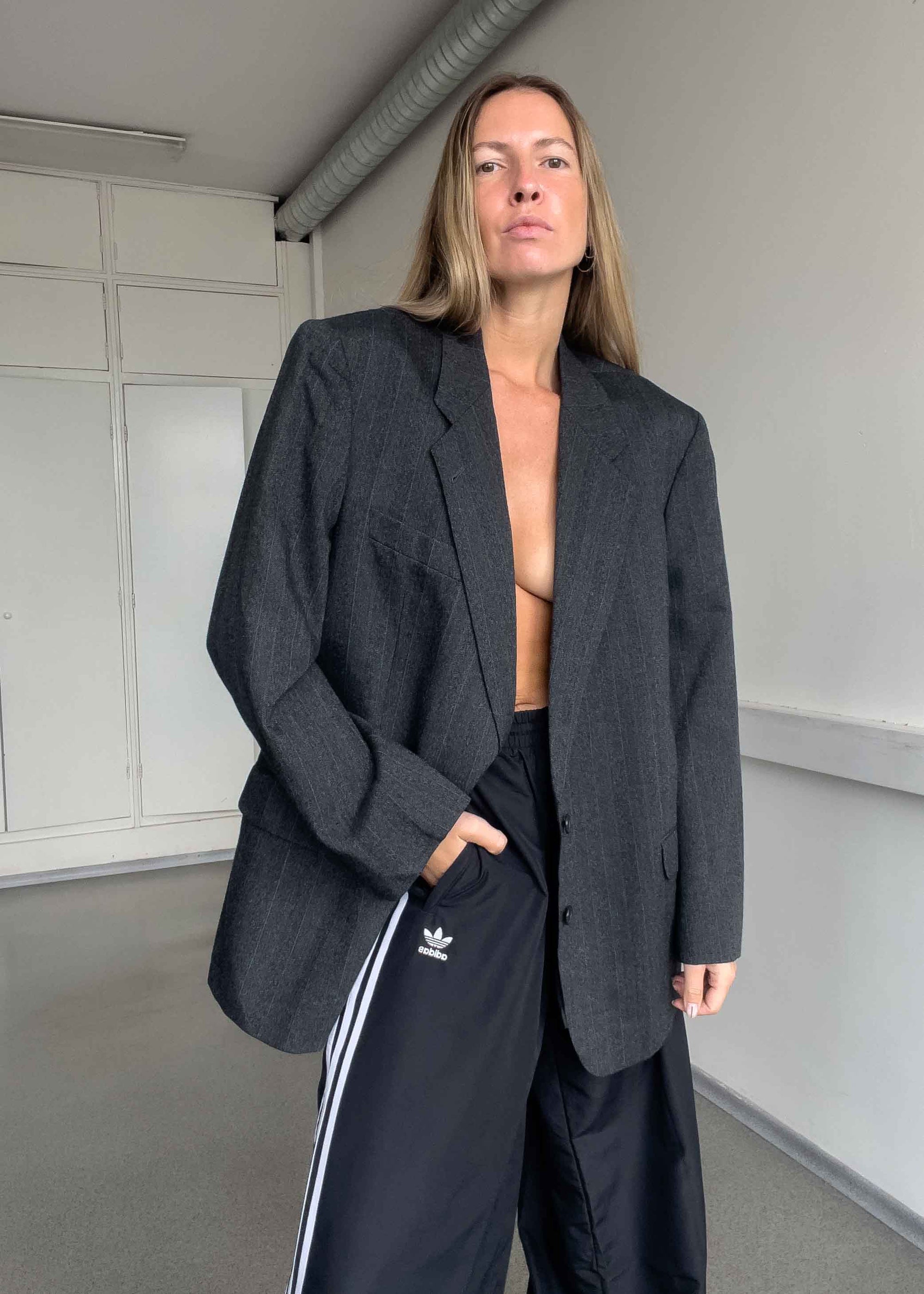Vintage Grey Stripy Oversized Blazer