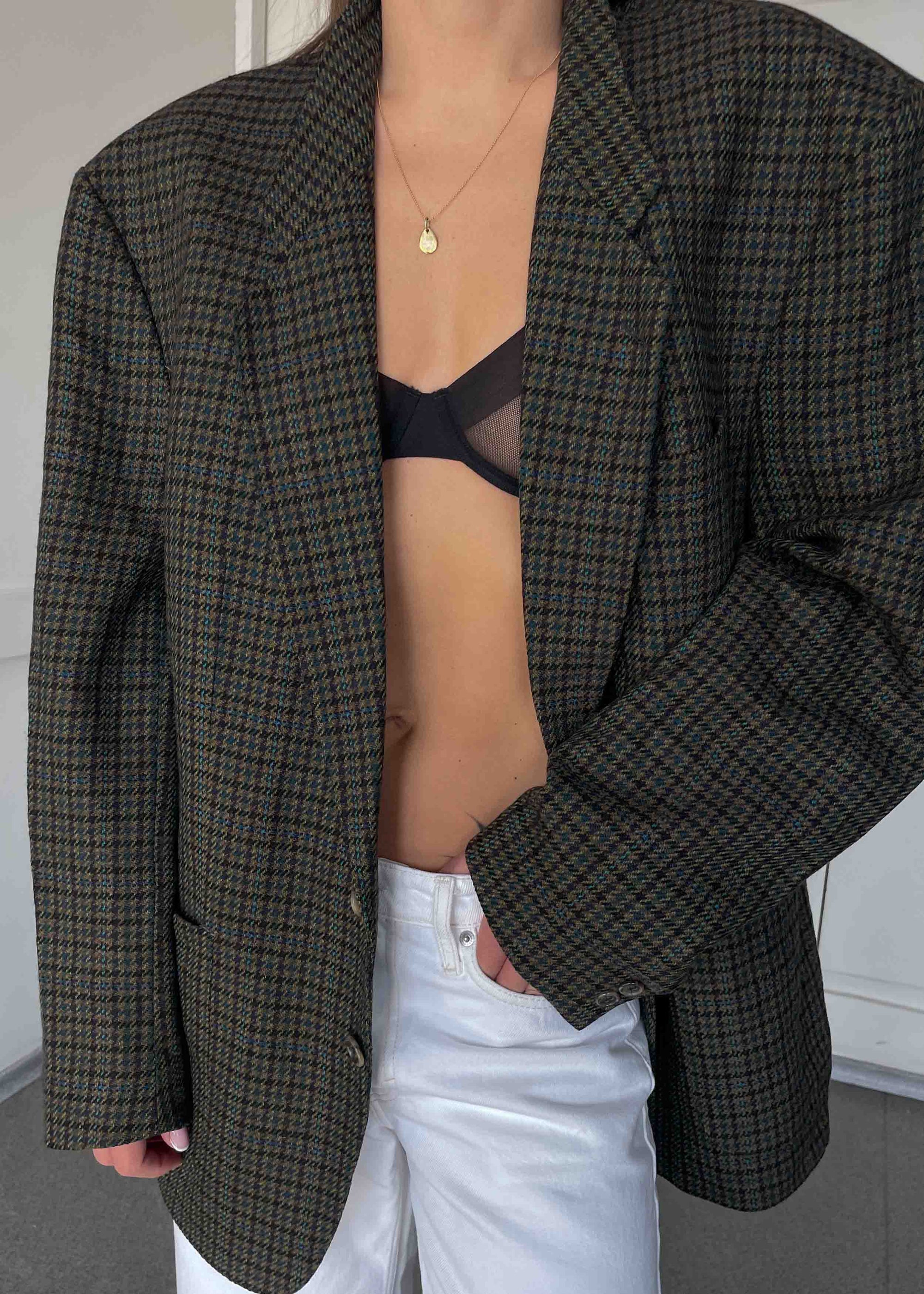 Vintage Khaki Green Dogtooth Print Oversized 100% WOOL Blazer