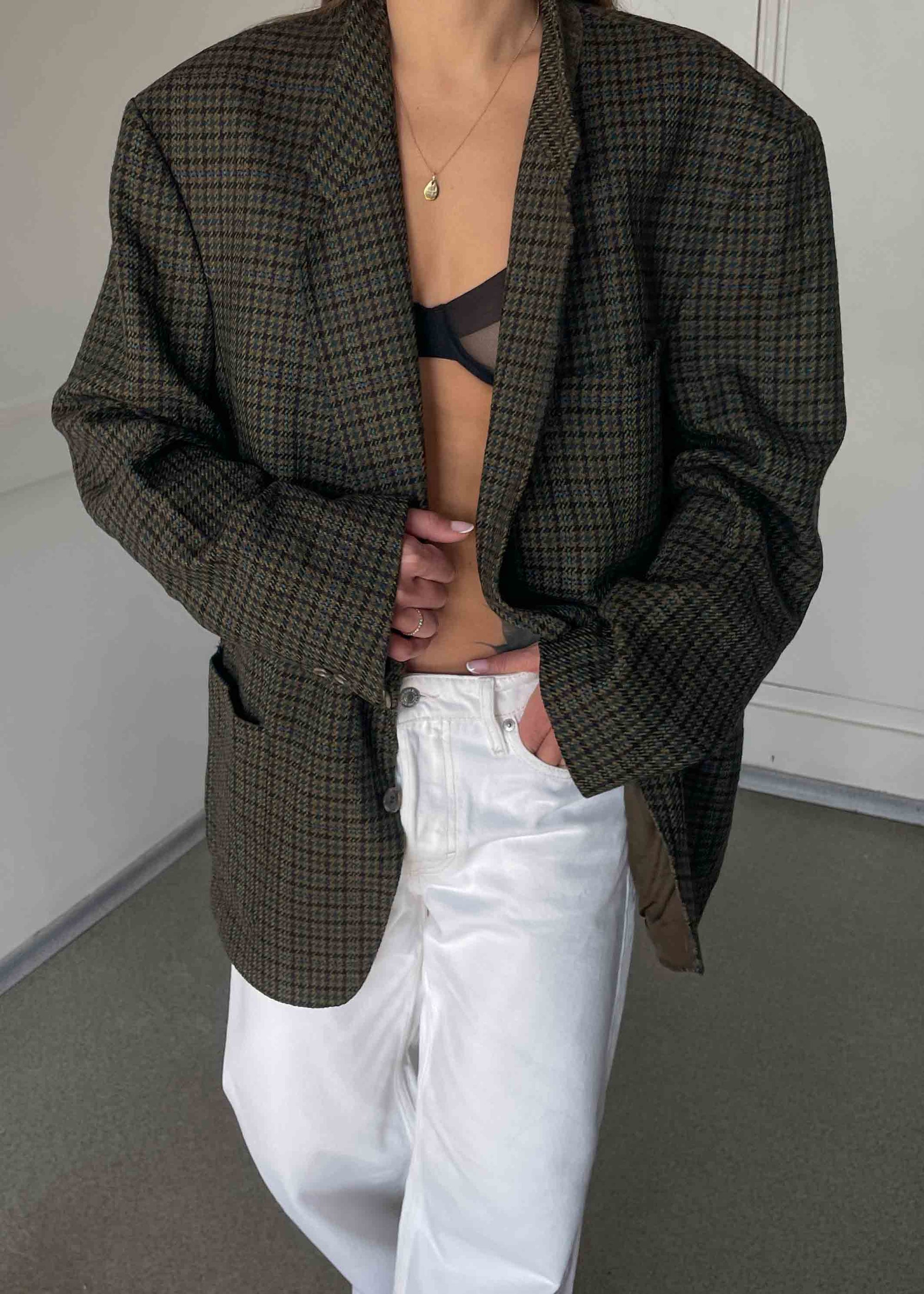 Vintage Khaki Green Dogtooth Print Oversized 100% WOOL Blazer