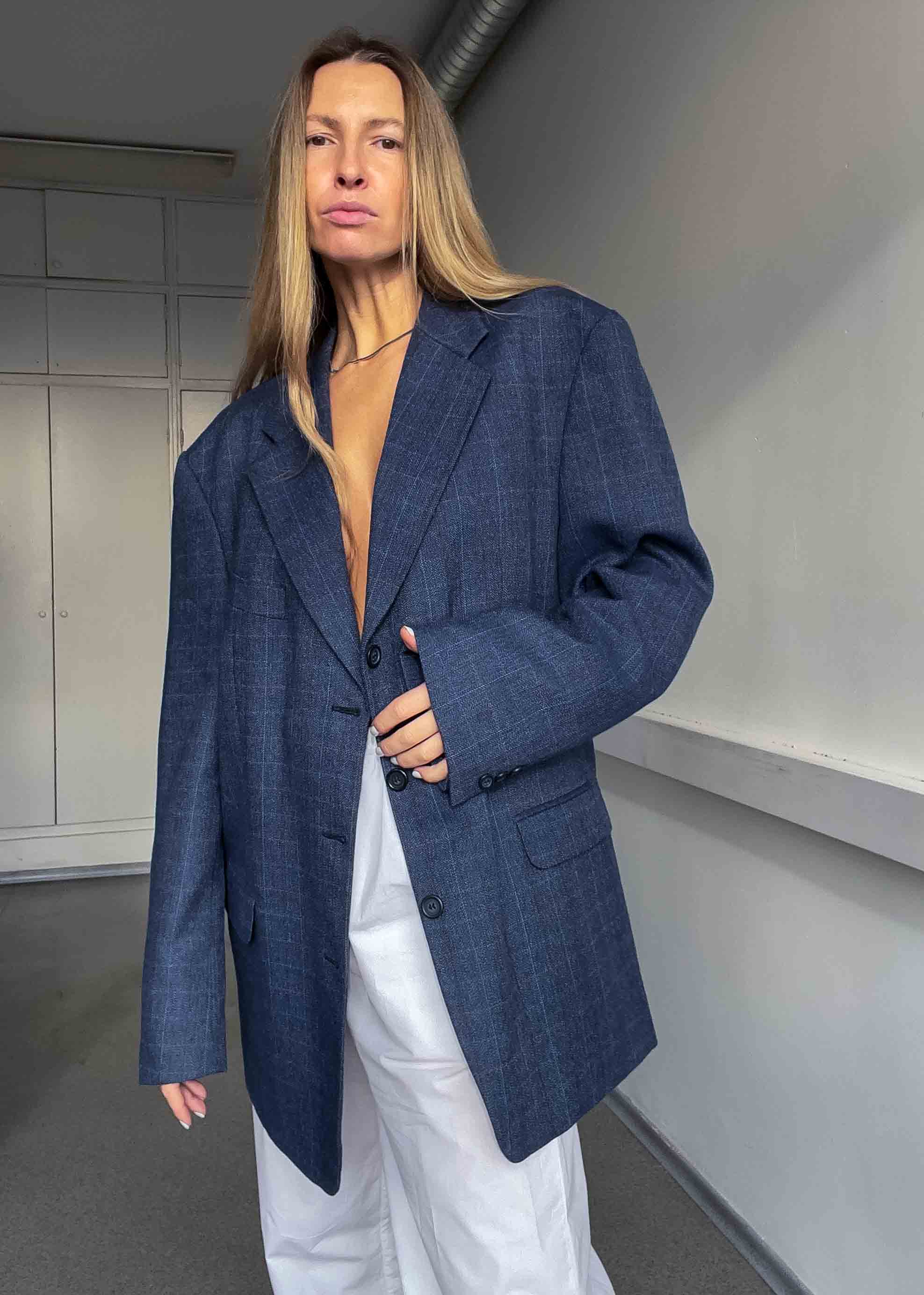 Vintage Blue Checked Oversized Blazer