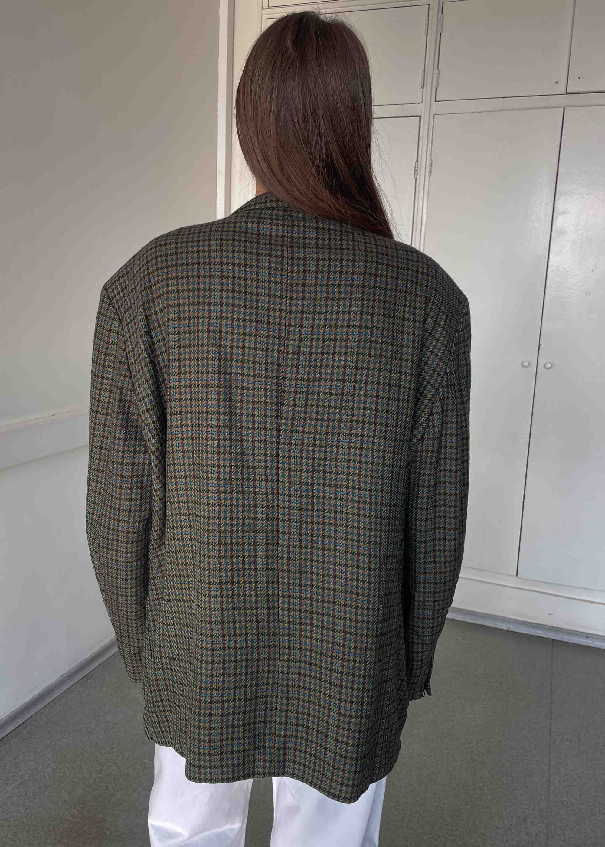 Vintage Khaki Green Dogtooth Print Oversized 100% WOOL Blazer
