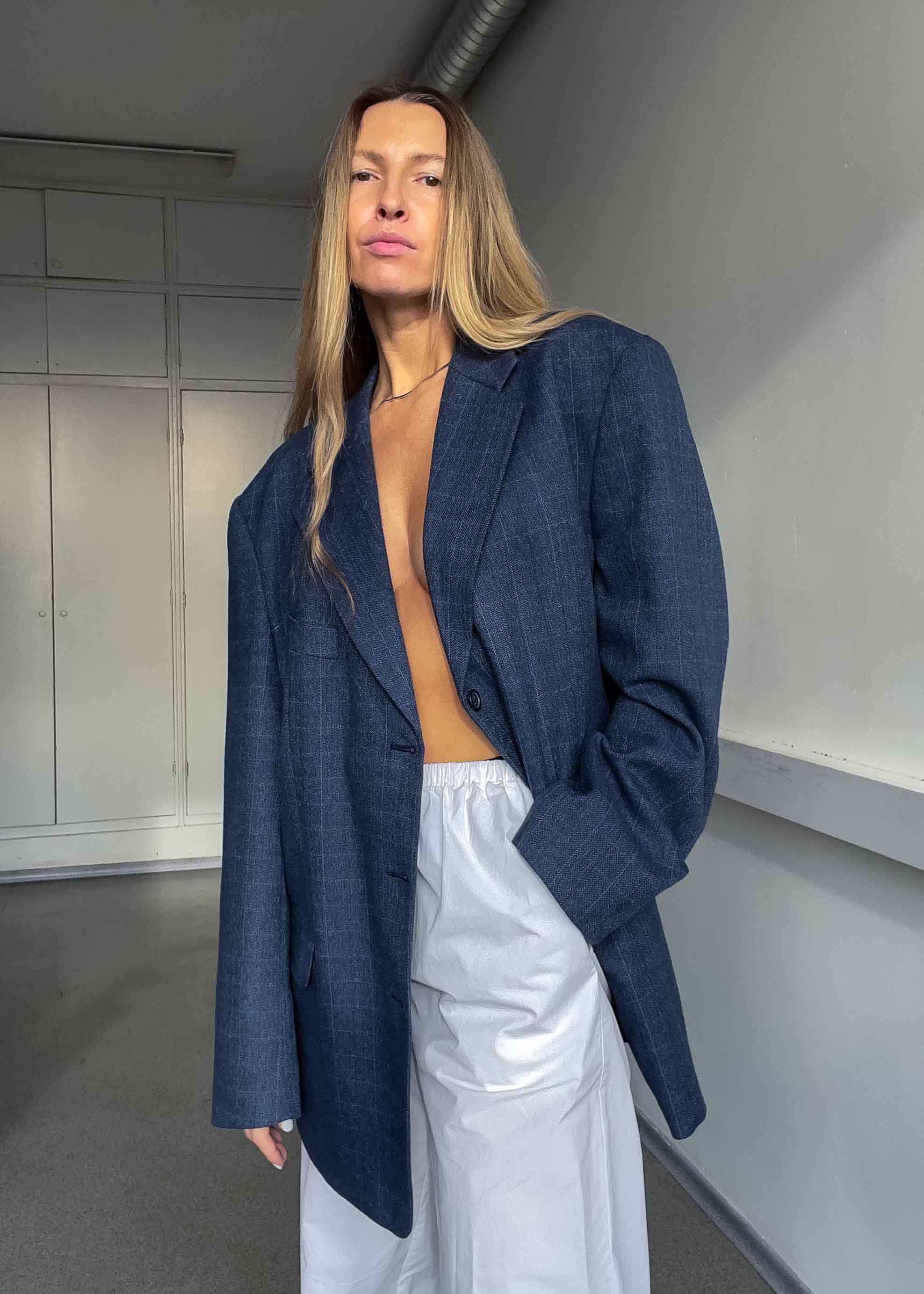 Vintage Blue Checked Oversized Blazer