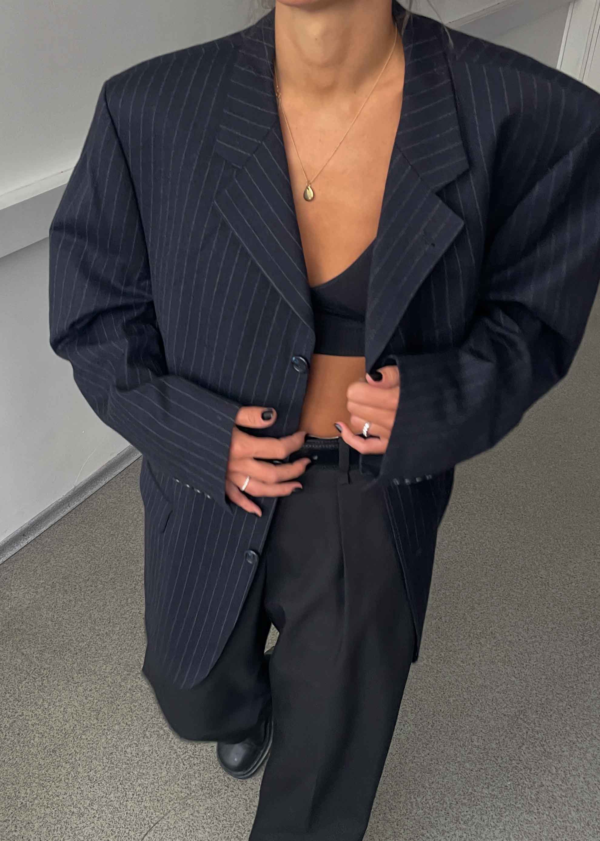 Vintage Navy Blue Brushed Wool Oversized Blazer