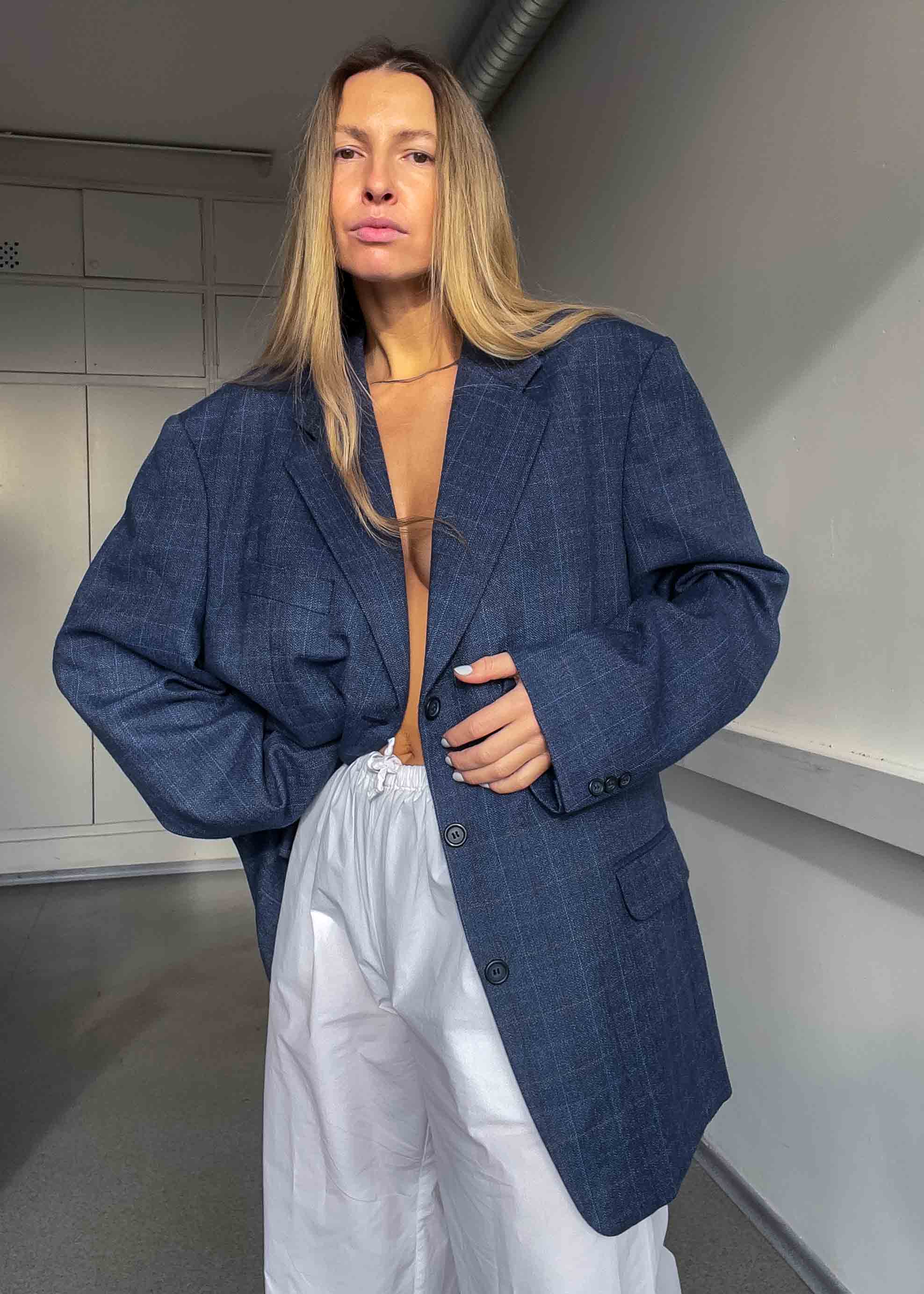 Vintage Blue Checked Oversized Blazer