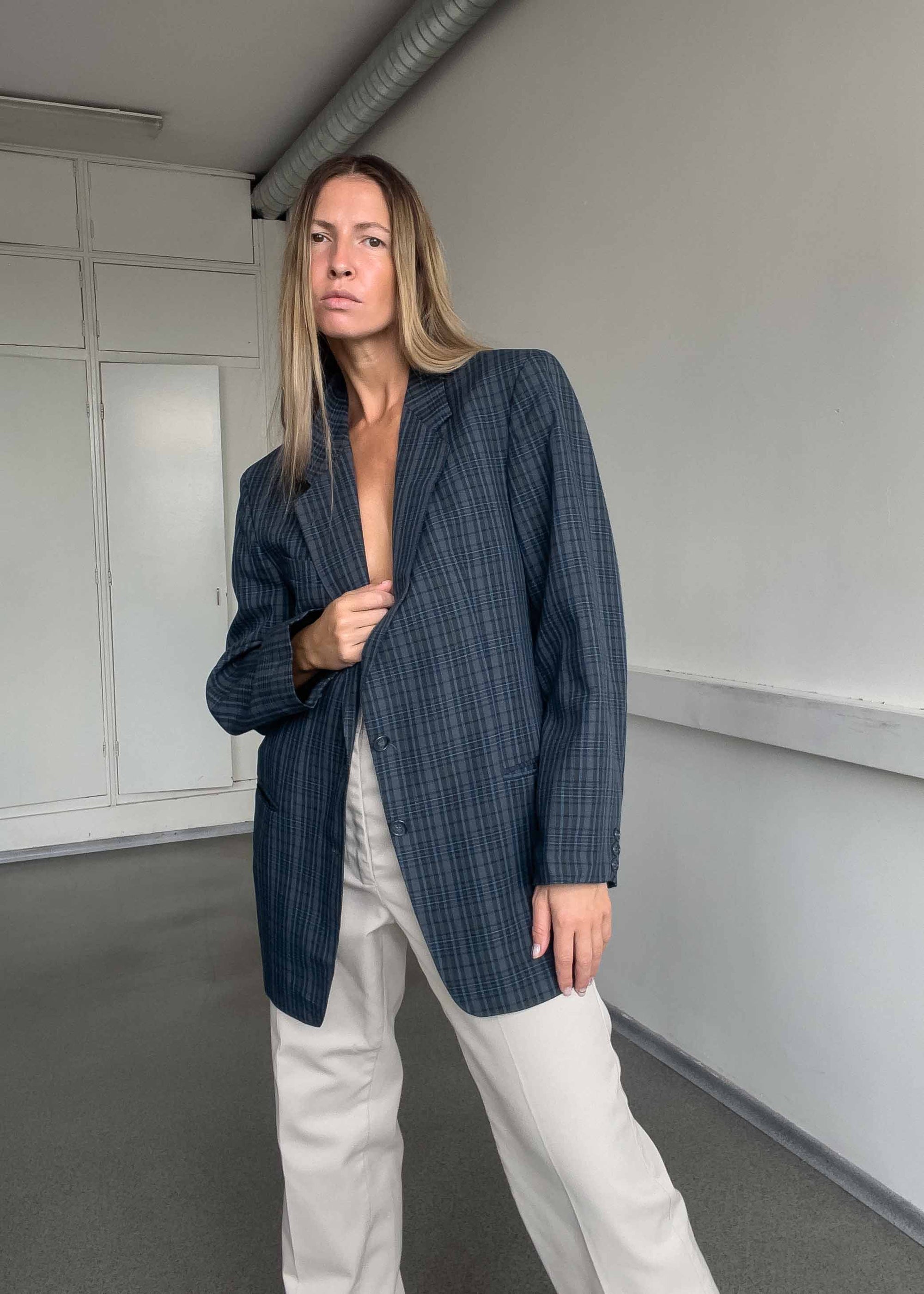 Vintage Blue Checked Oversized Blazer