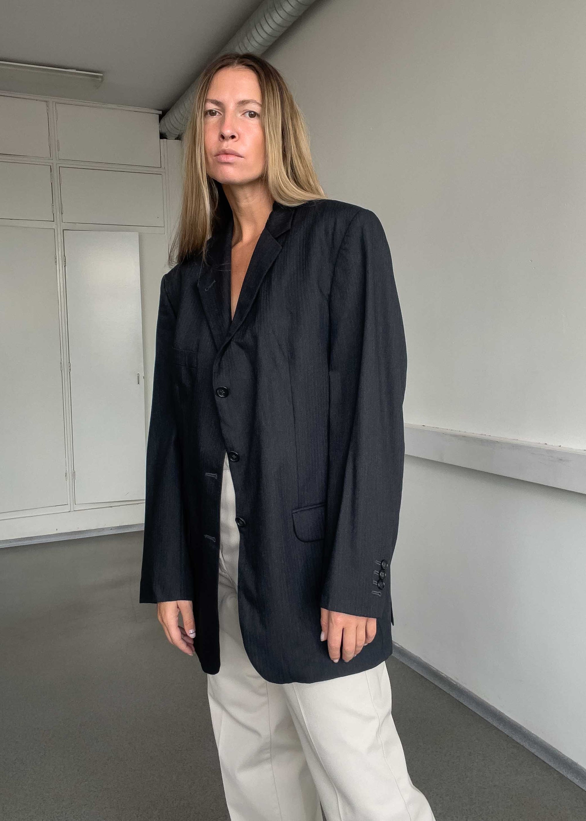 Vintage Grey Stripy Oversized Blazer