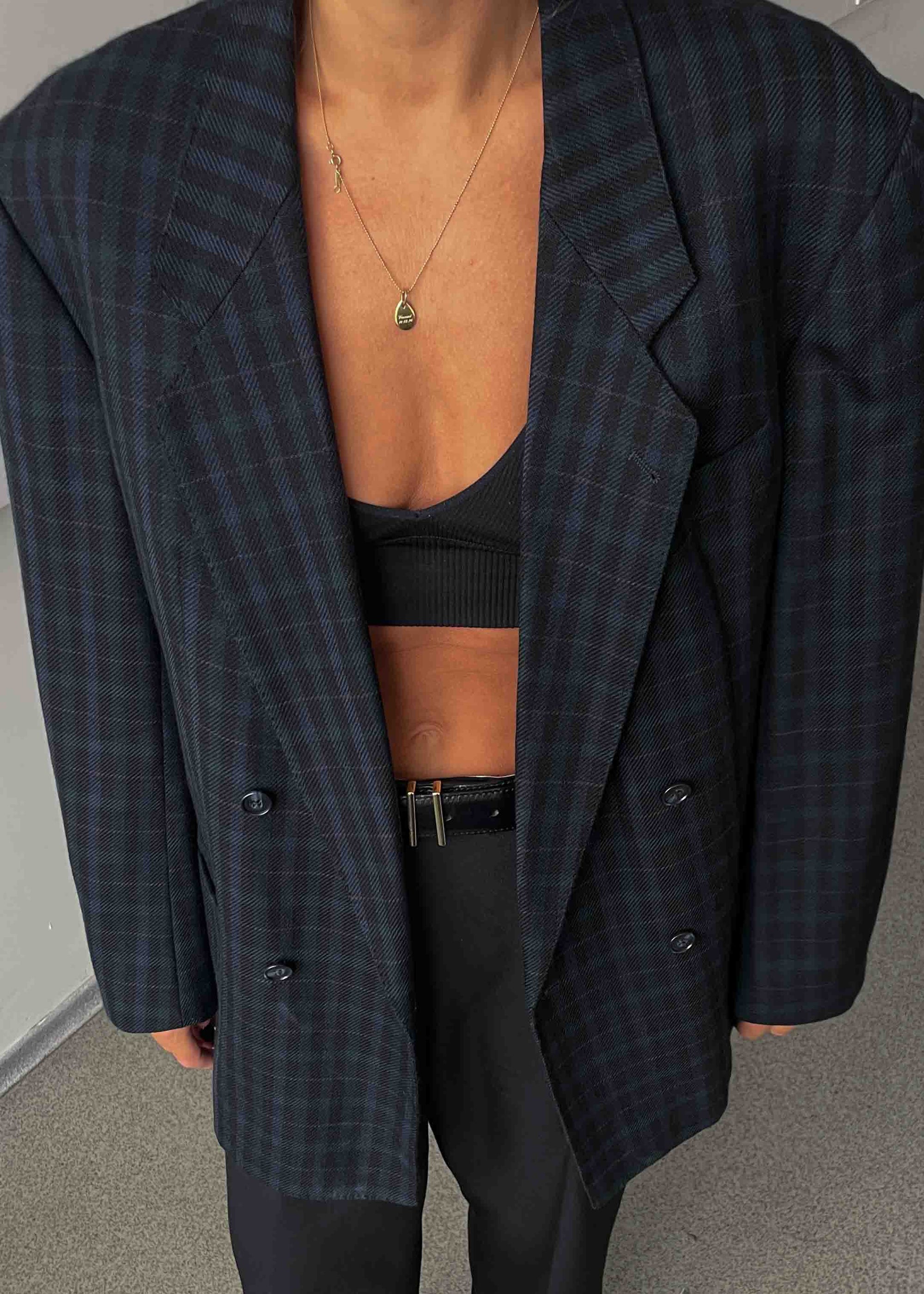 Vintage Dark Blue/Green Checked Oversized Blazer