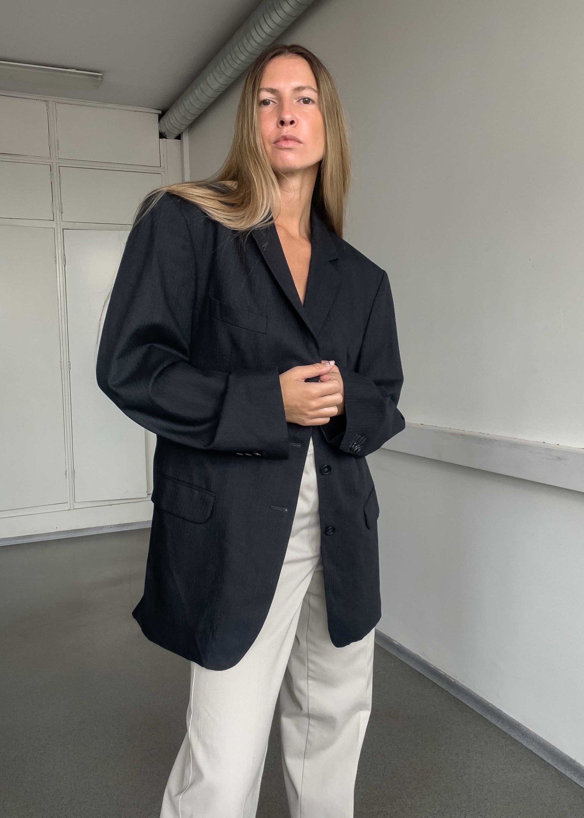 Vintage Grey Stripy Oversized Blazer