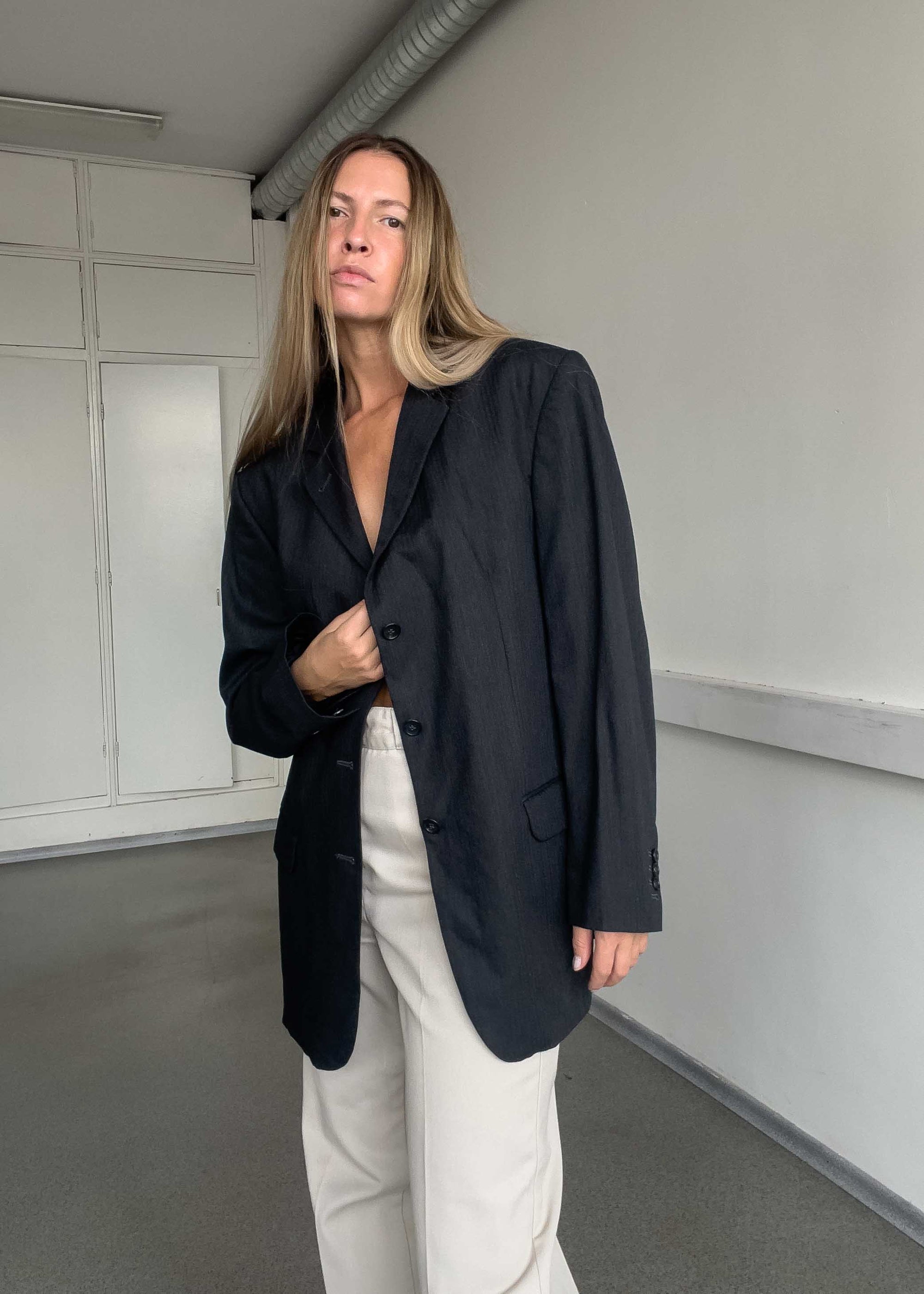 Vintage Grey Stripy Oversized Blazer