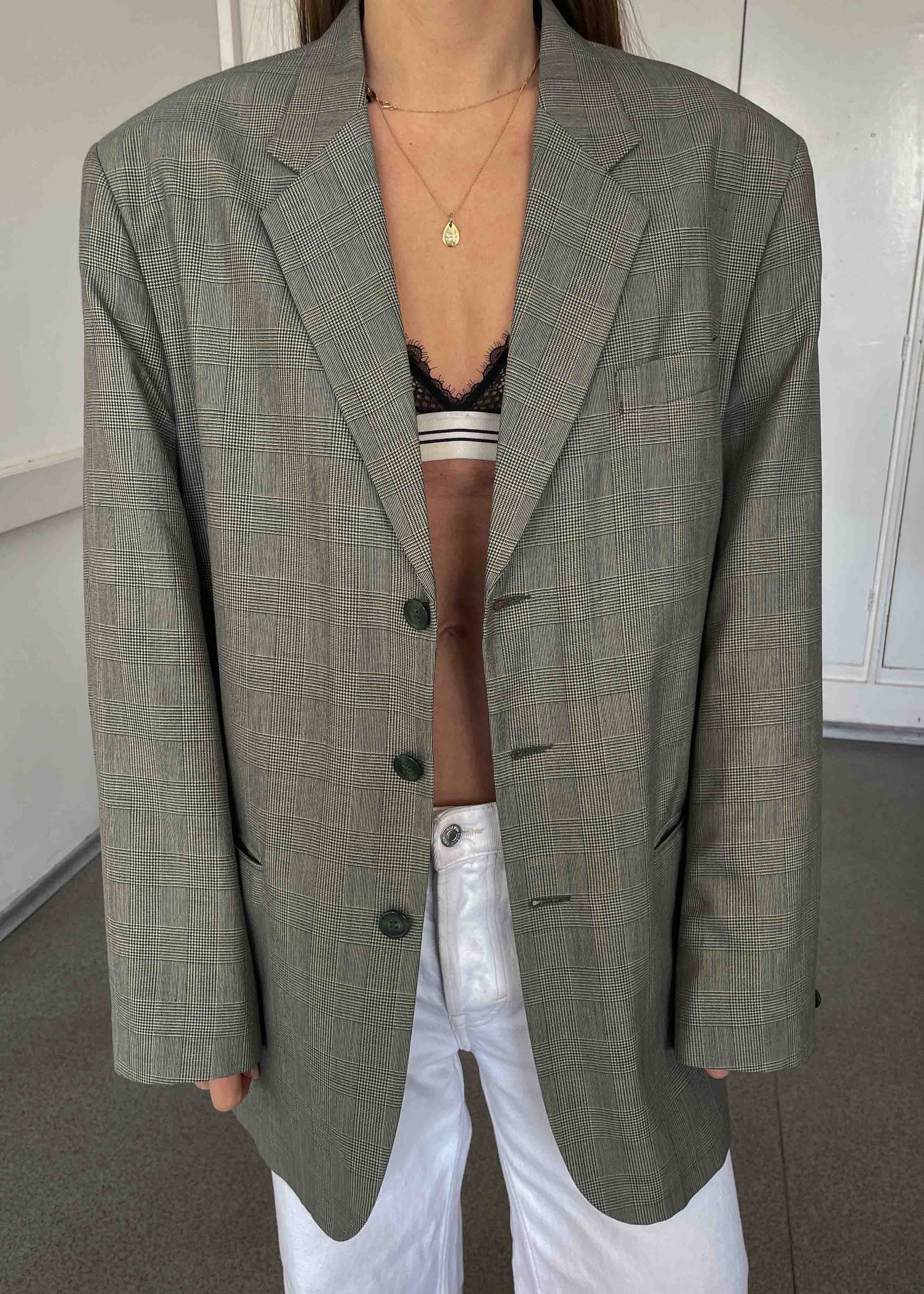 Vintage Sage Green Checked Oversized Blazer