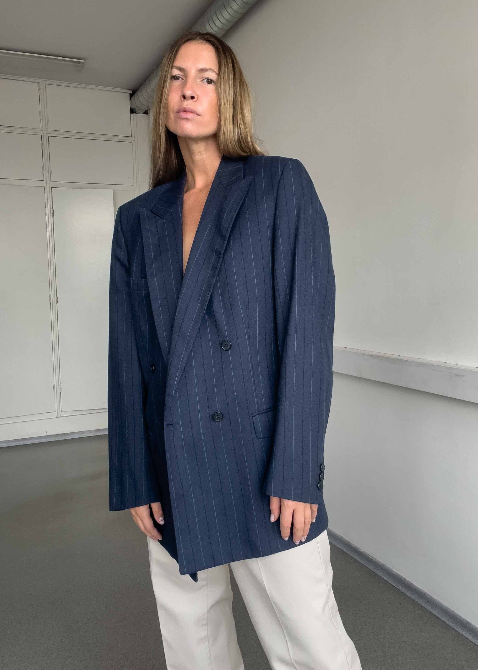 Vintage Blue Stripy Oversized Double Breasted Blazer