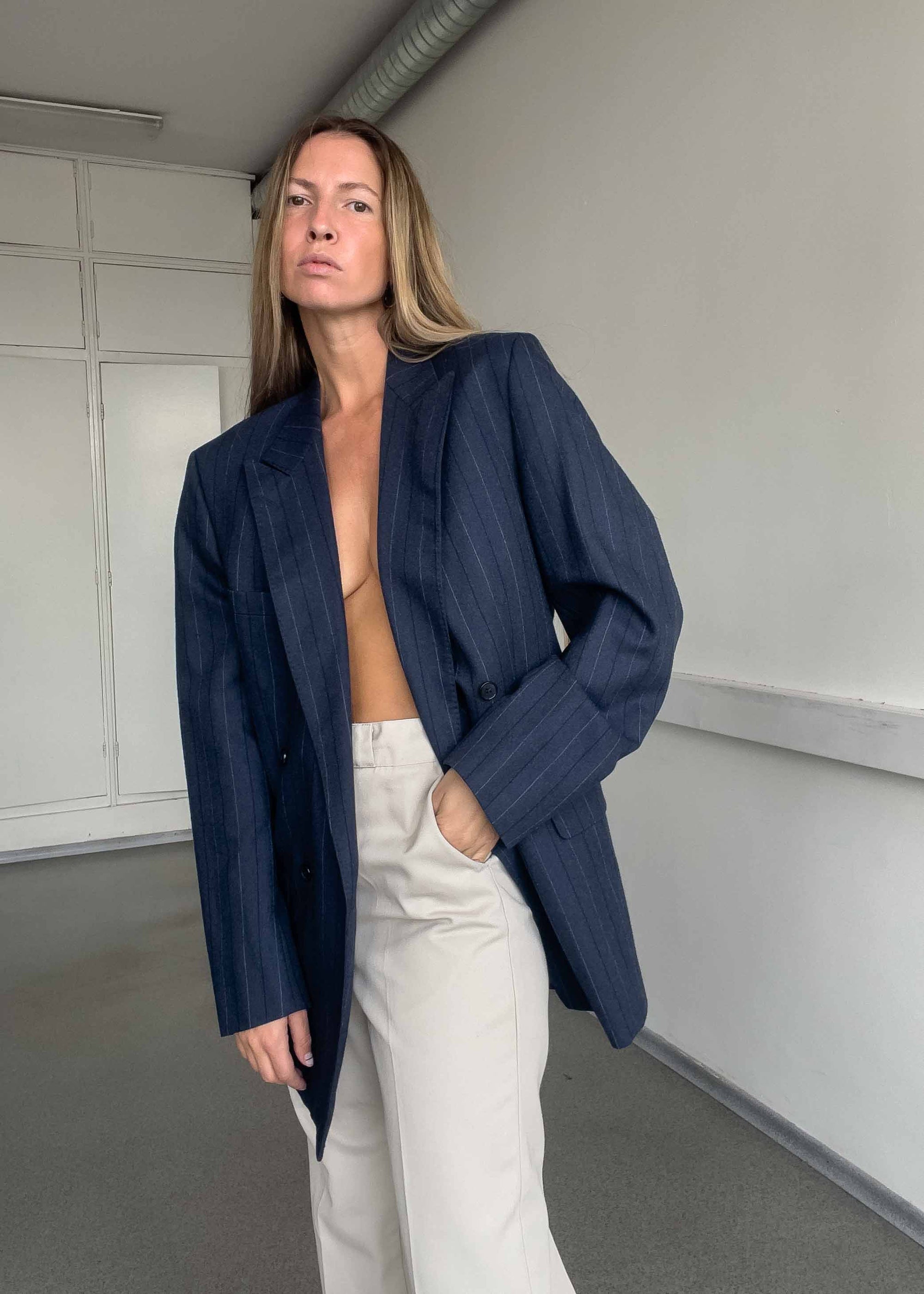 Vintage Blue Stripy Oversized Double Breasted Blazer