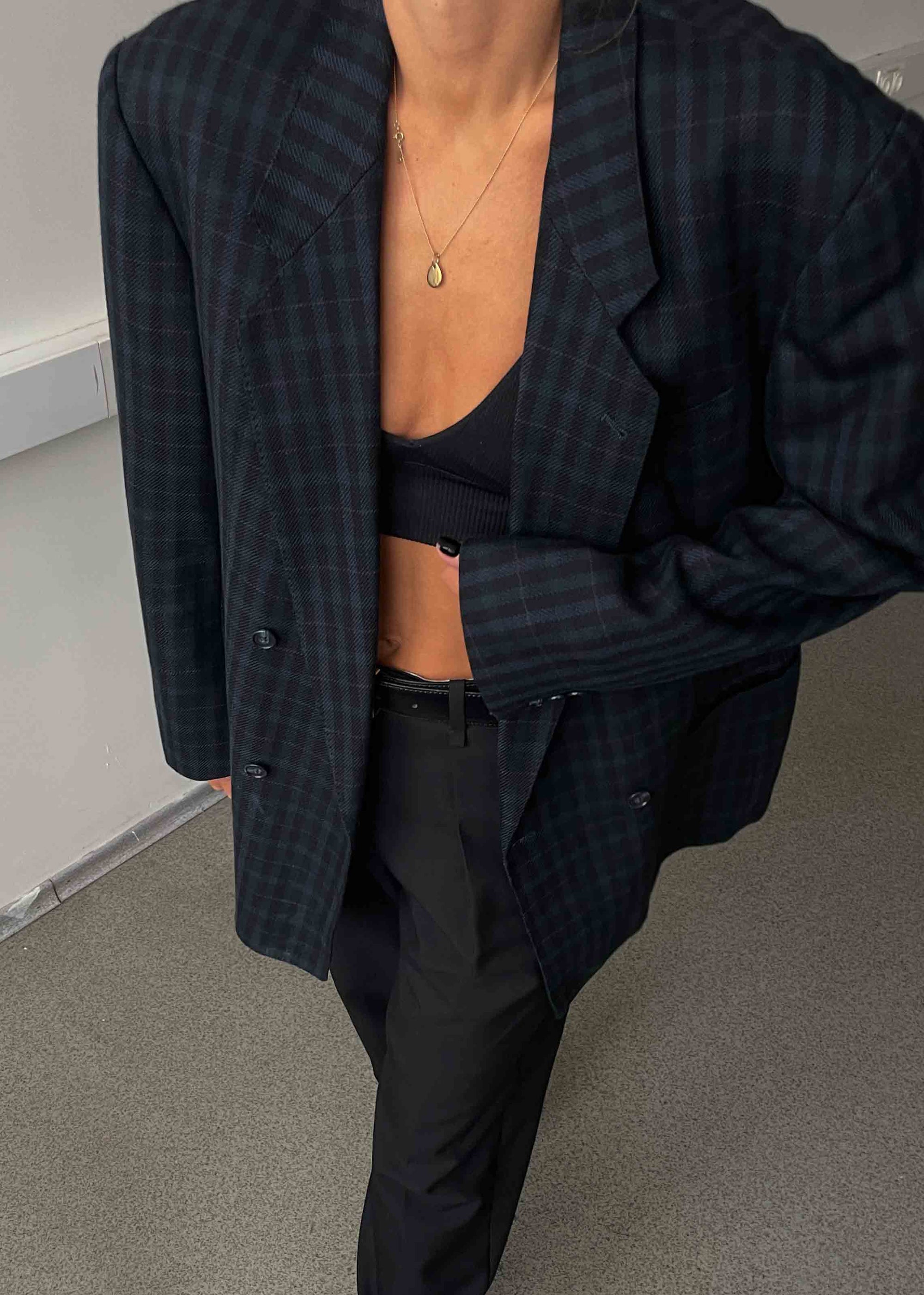 Vintage Dark Blue/Green Checked Oversized Blazer