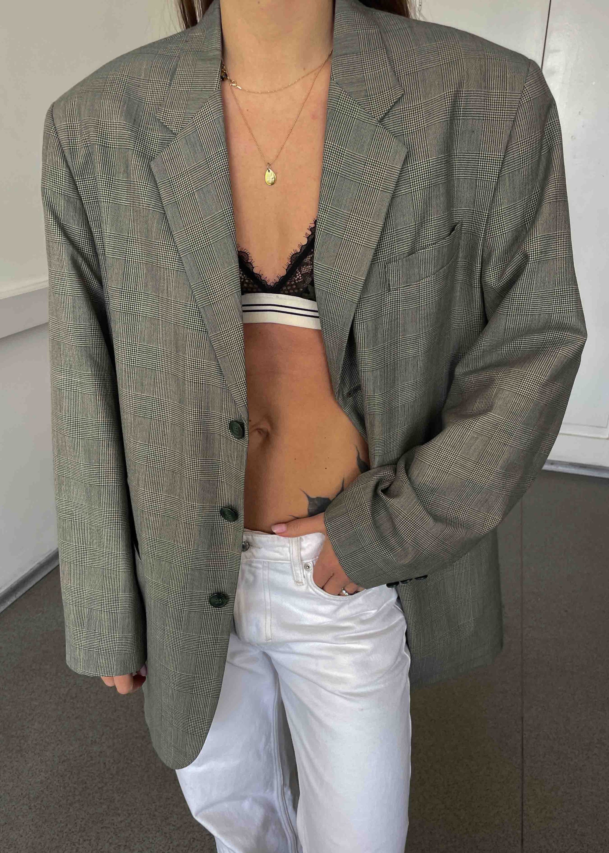 Vintage Sage Green Checked Oversized Blazer