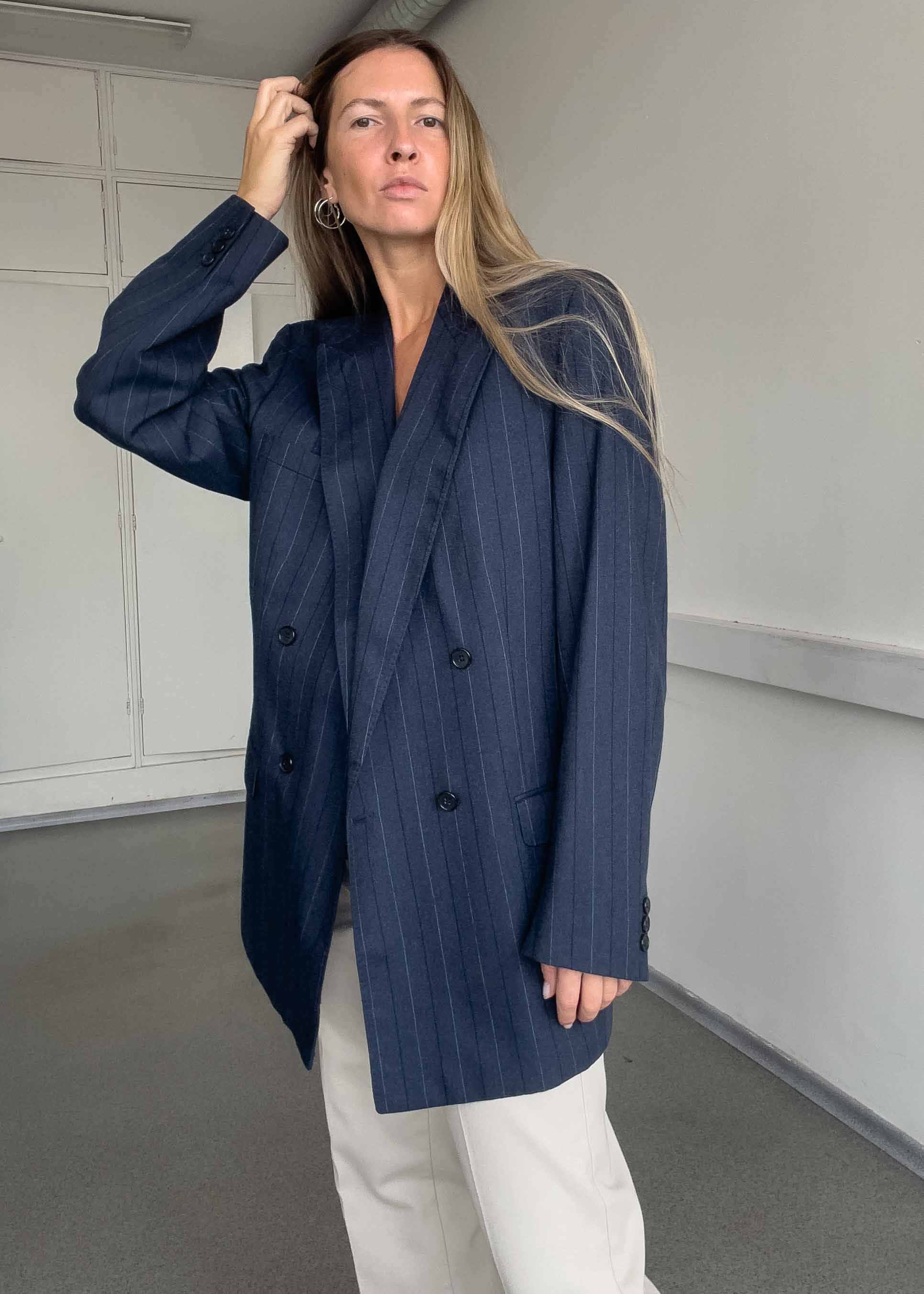 Vintage Blue Stripy Oversized Double Breasted Blazer