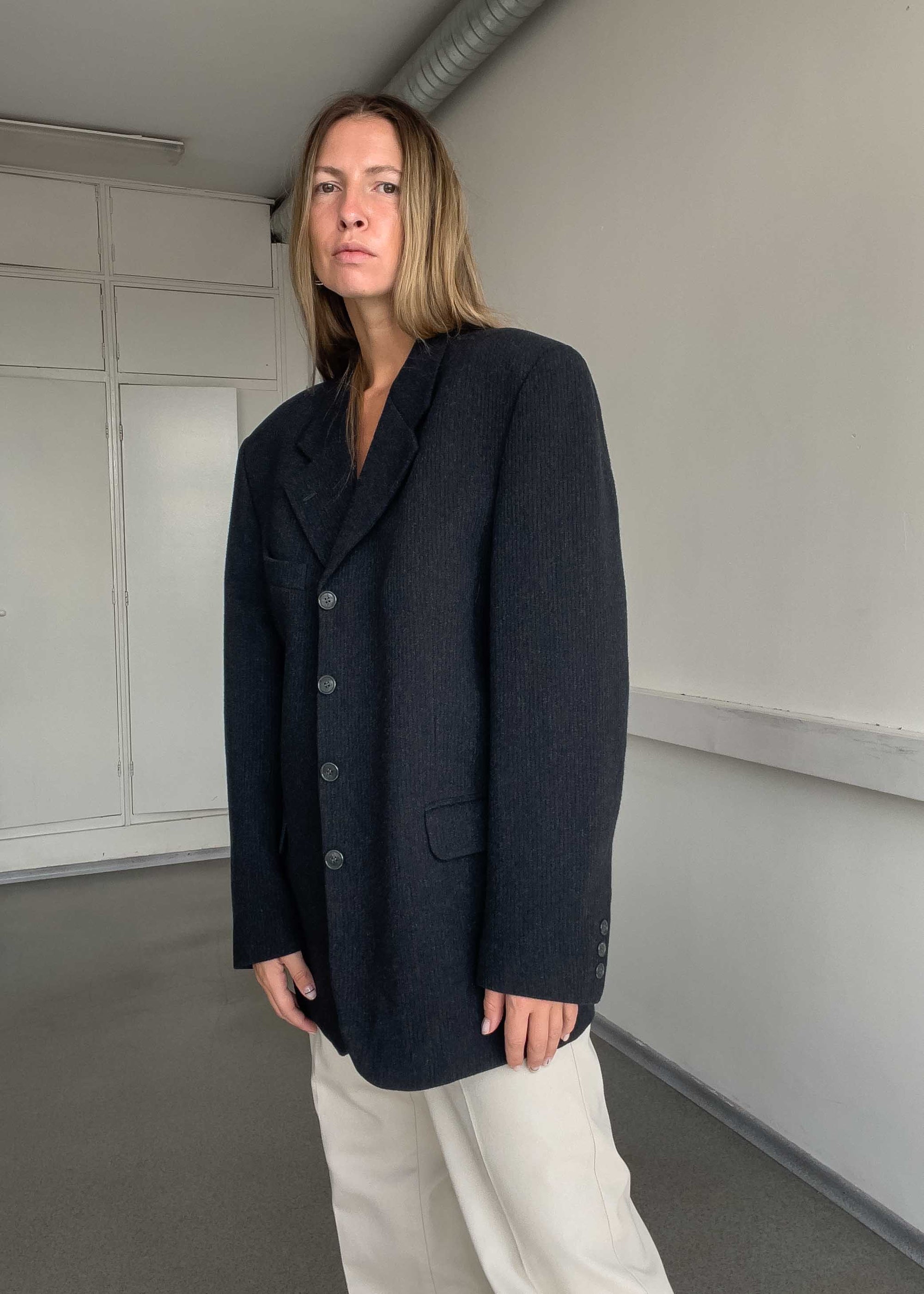 Vintage Grey Brushed Wool Oversized Blazer