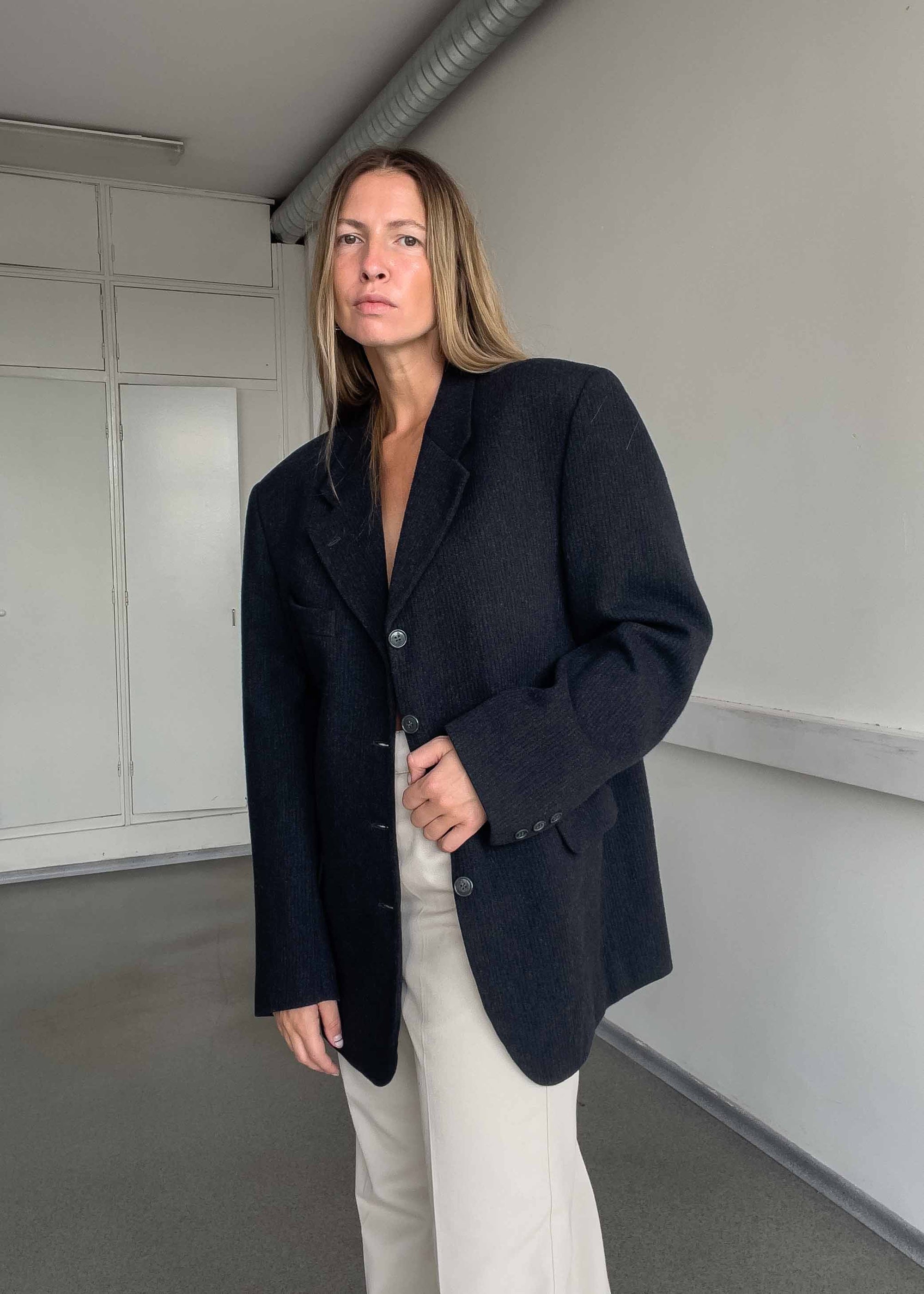 Vintage Grey Brushed Wool Oversized Blazer