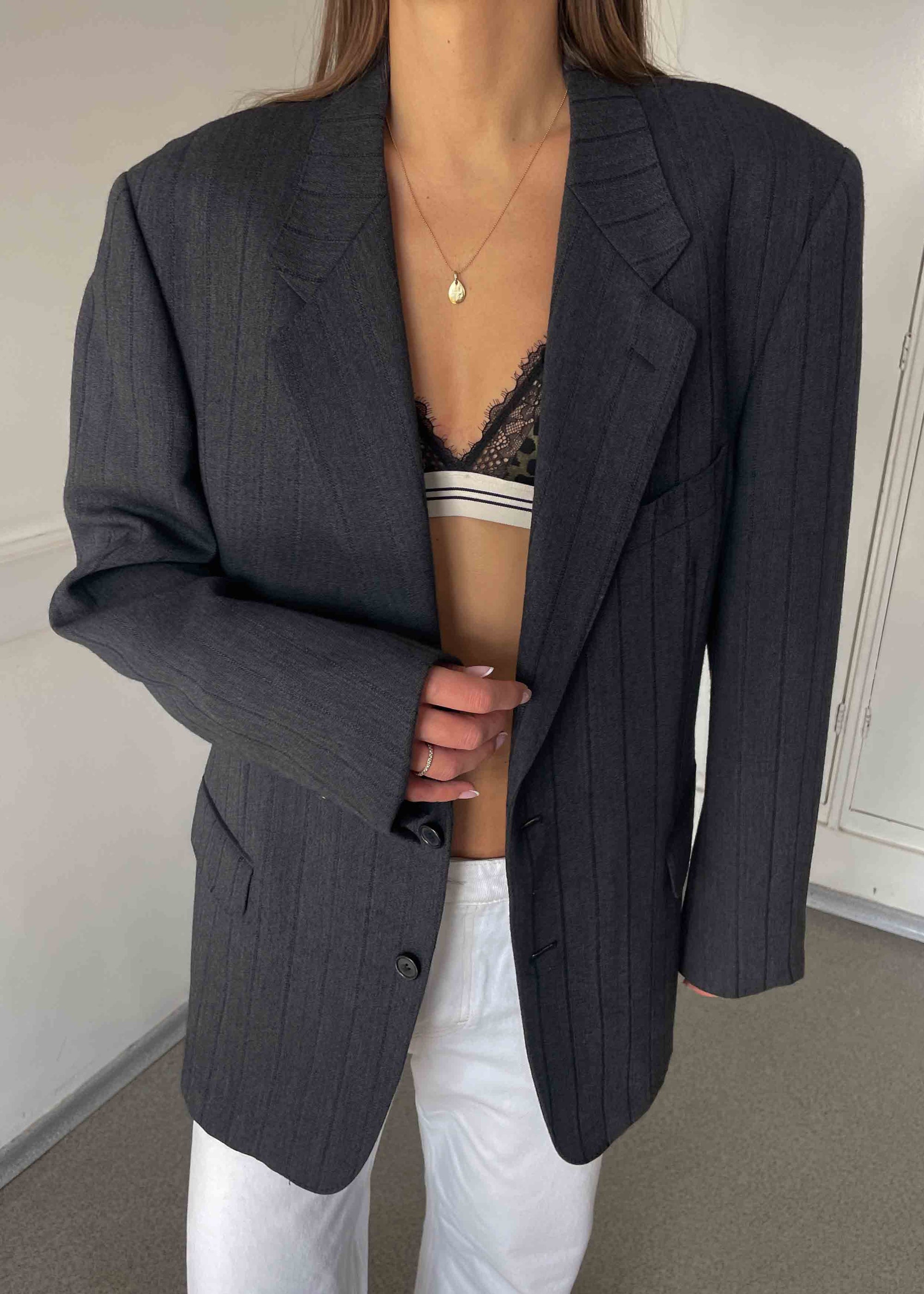 Vintage Grey Striped Oversized 100% Wool Blazer