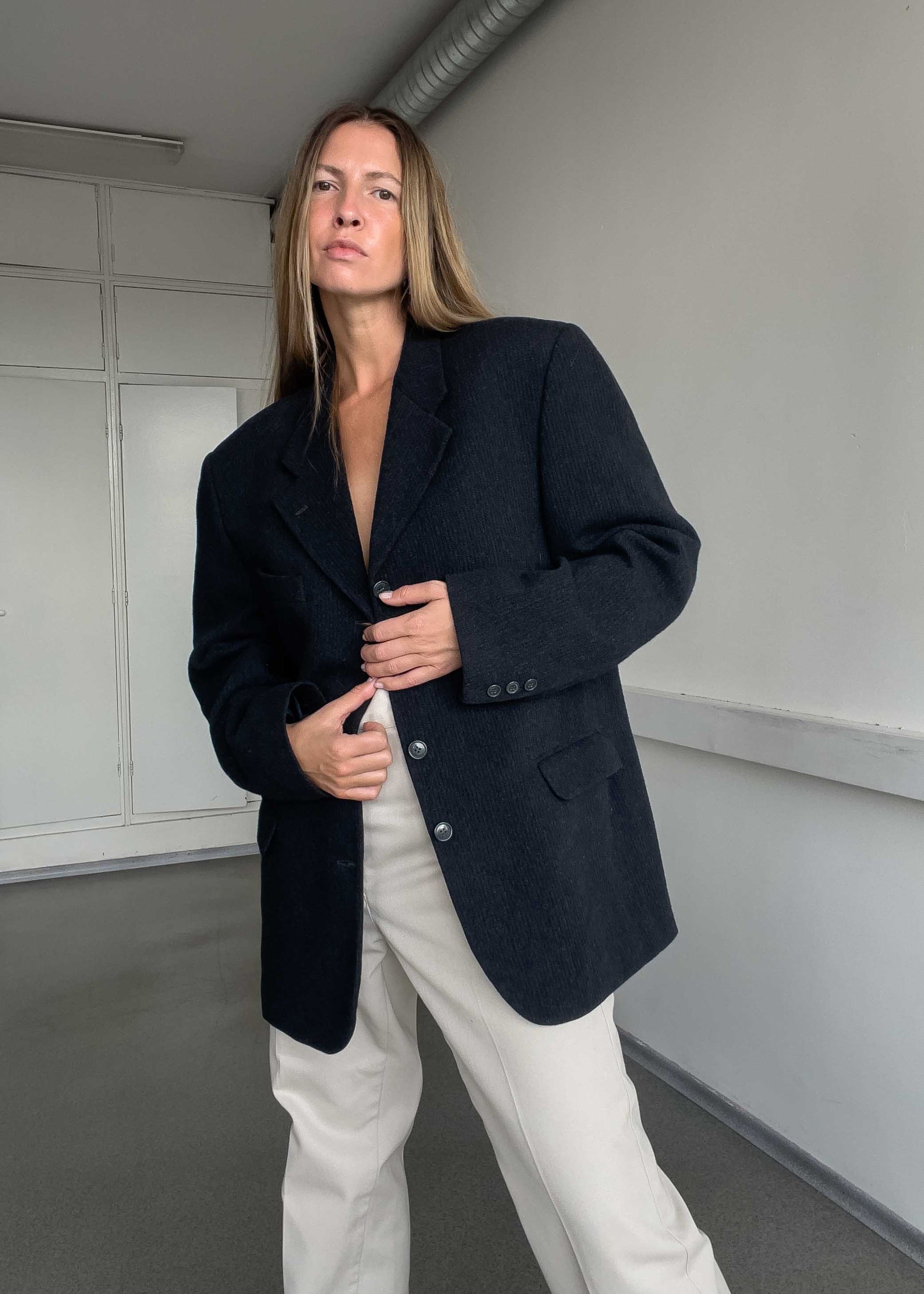 Vintage Grey Brushed Wool Oversized Blazer