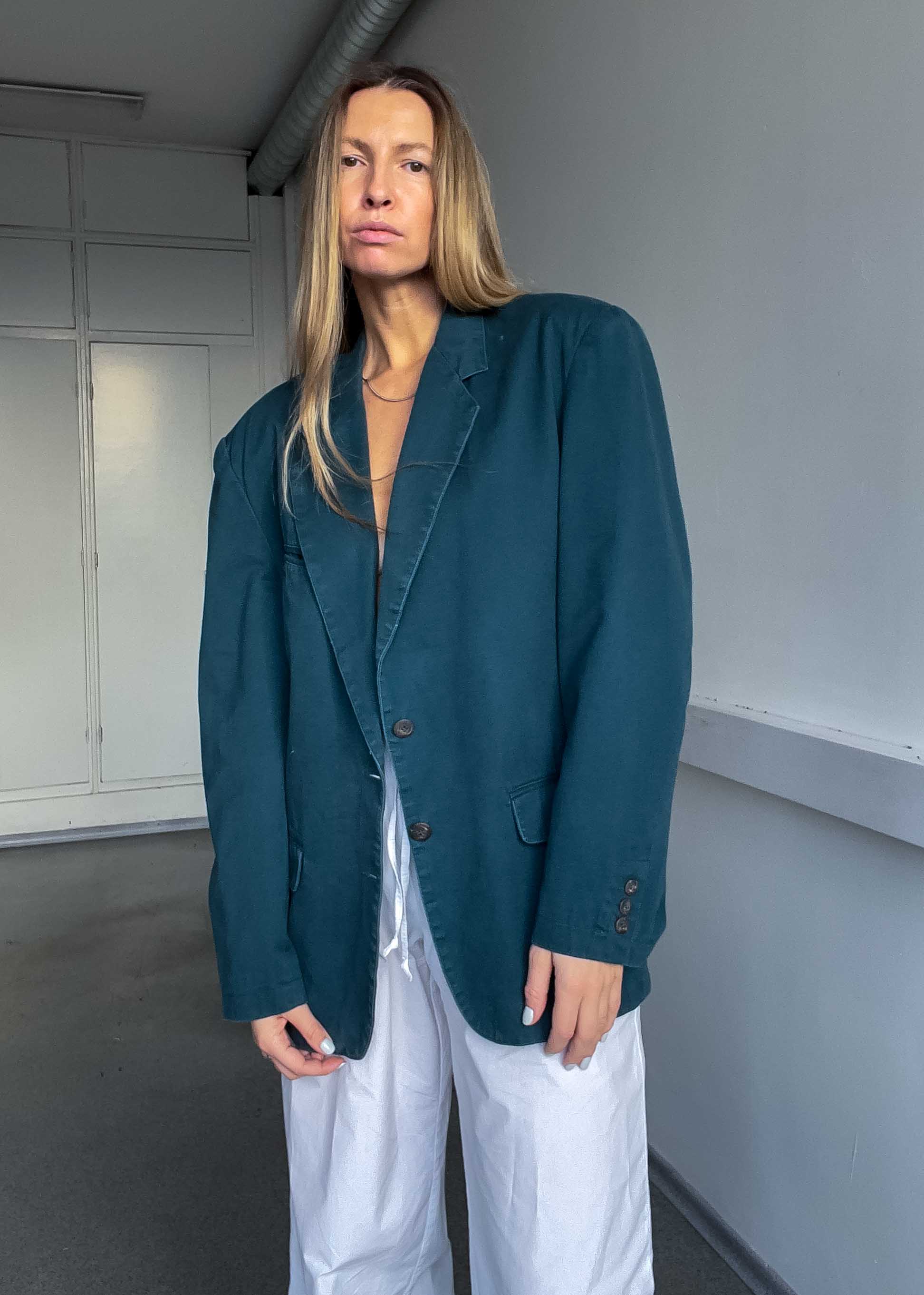 Vintage Bottle Green Oversized Cotton Blazer